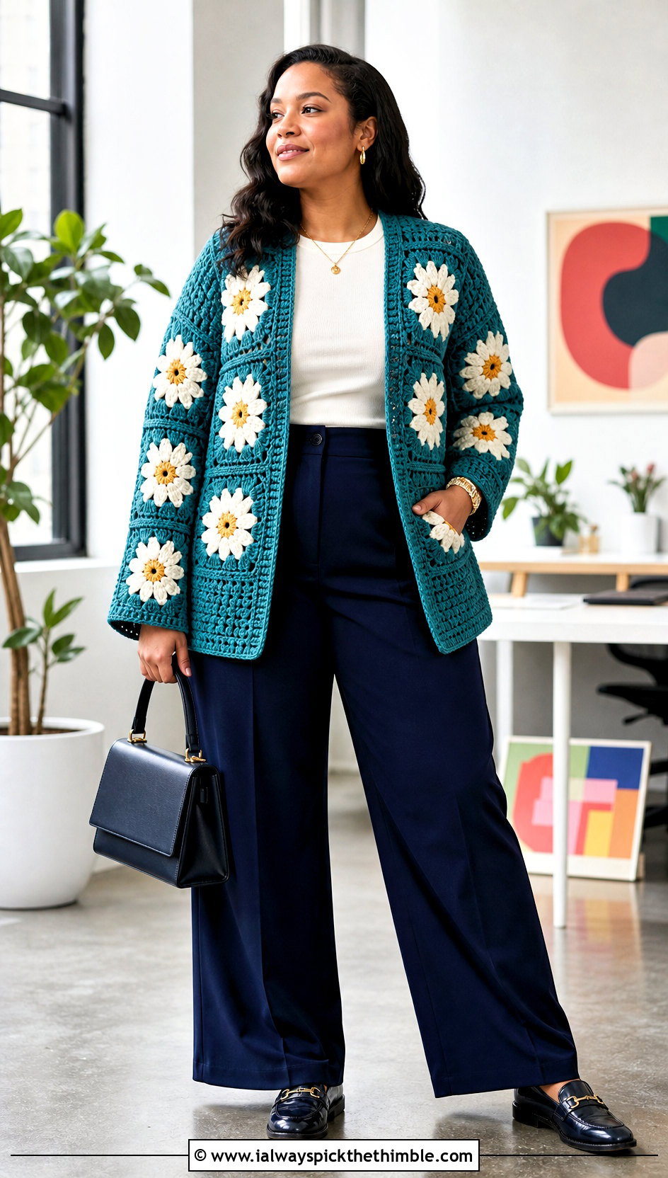Daisy Square Patch Crochet Cardigan With Wide Leg Trousers - 20 Square Patch Crochet Cardigan outfit ideas