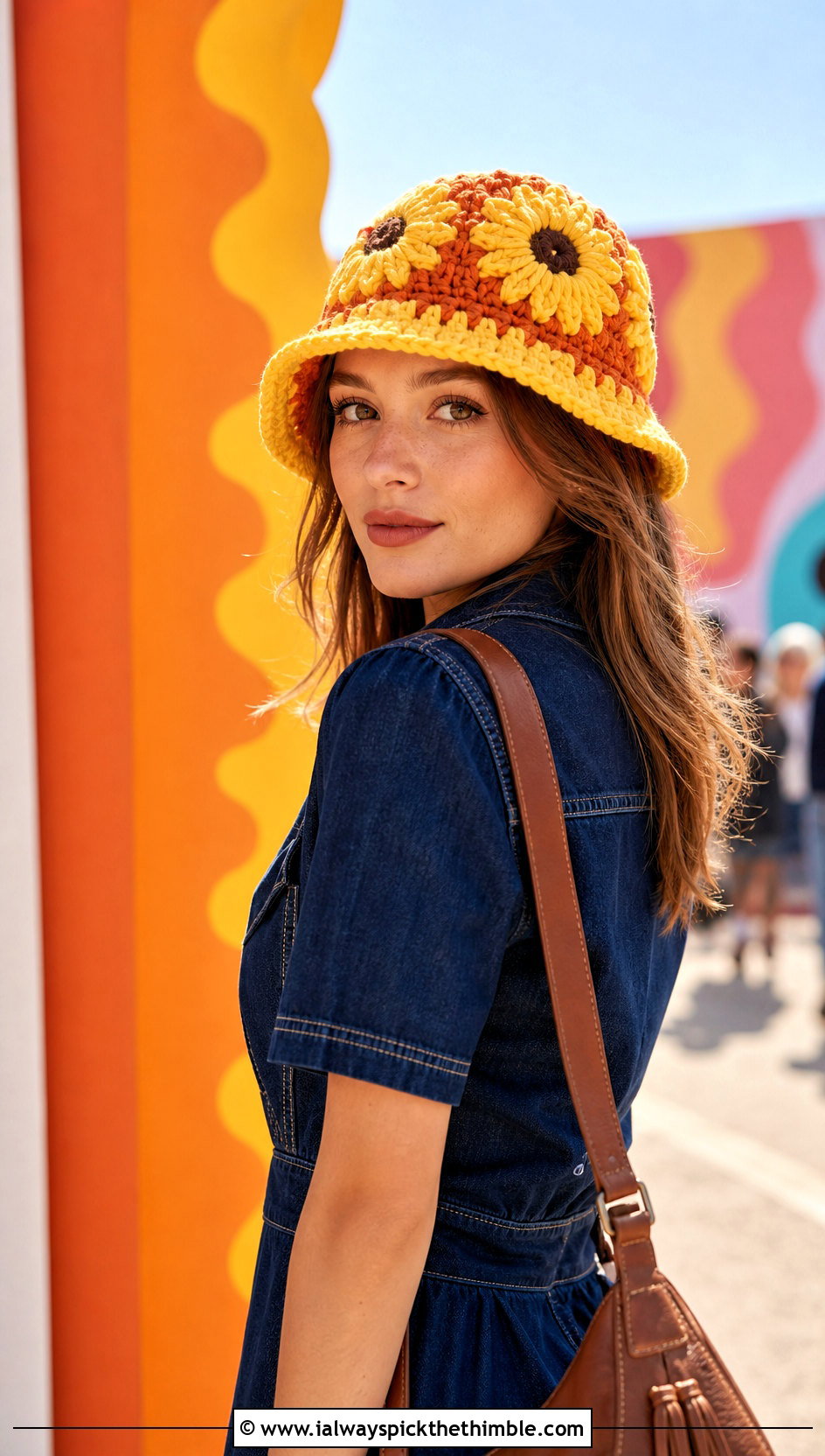 Daisy Sunflower Crochet Bucket Hat With Denim Dress - 20 daisy crochet bucket hat outfit ideas