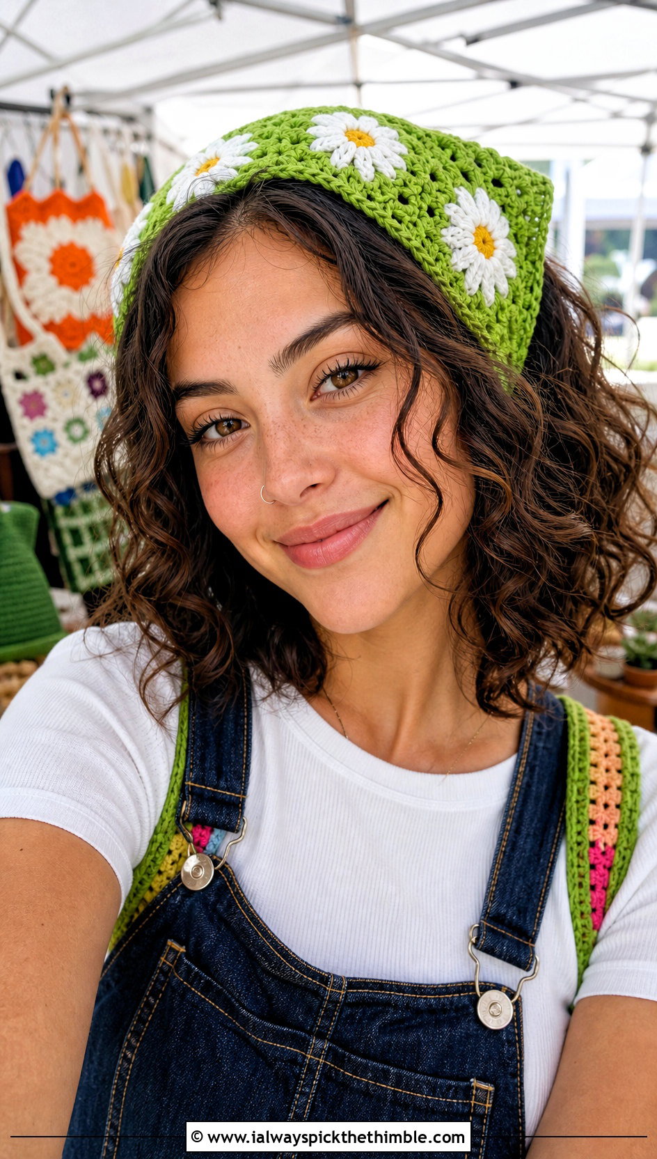 Daisy Triangle Headband With Overalls And Sneakers - 20 crochet triangle headband outfit ideas