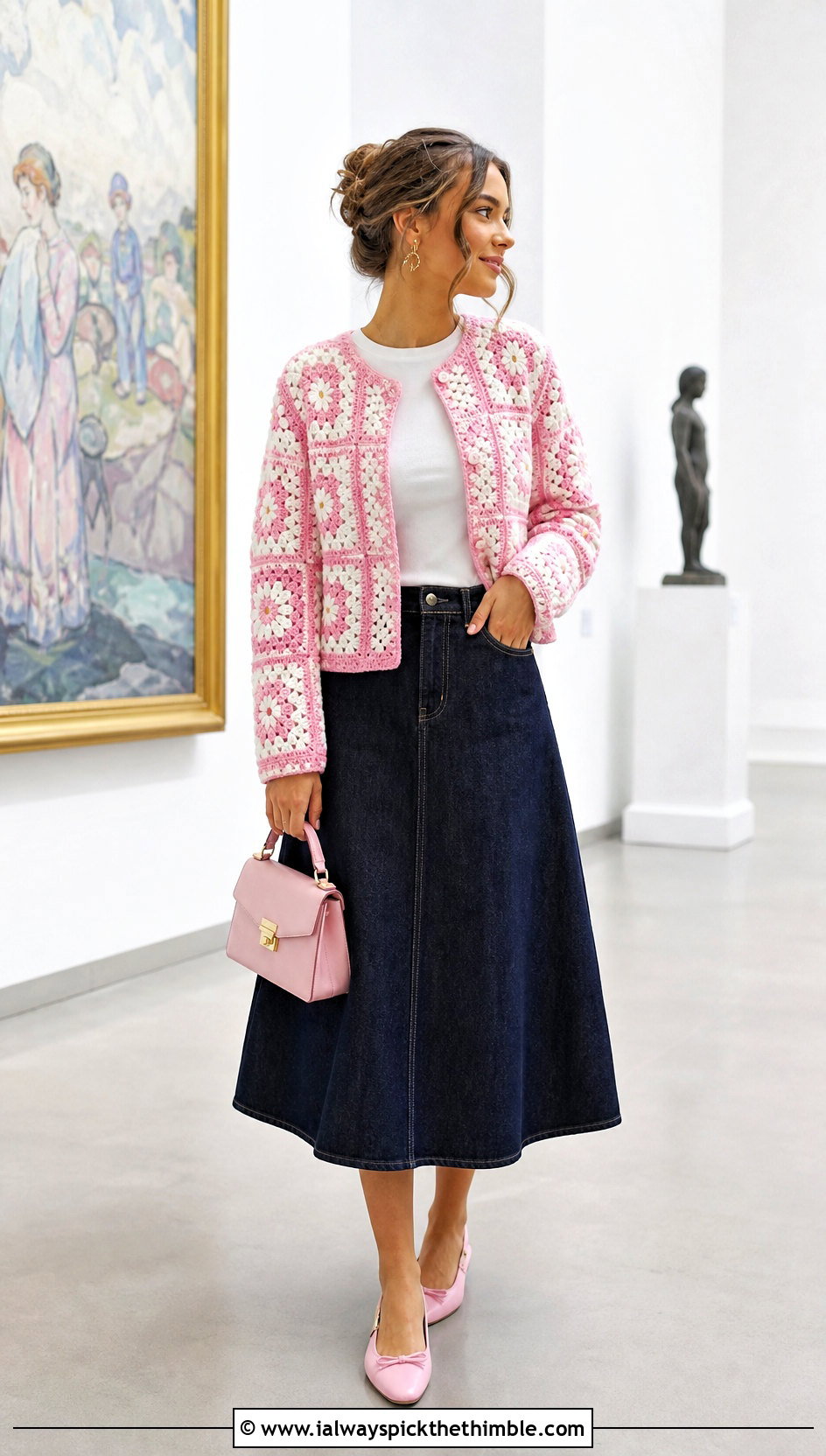 Daisy Two Color Granny Square Cardigan With Denim Skirt - 20 Two Granny Square Cardigan outfit ideas