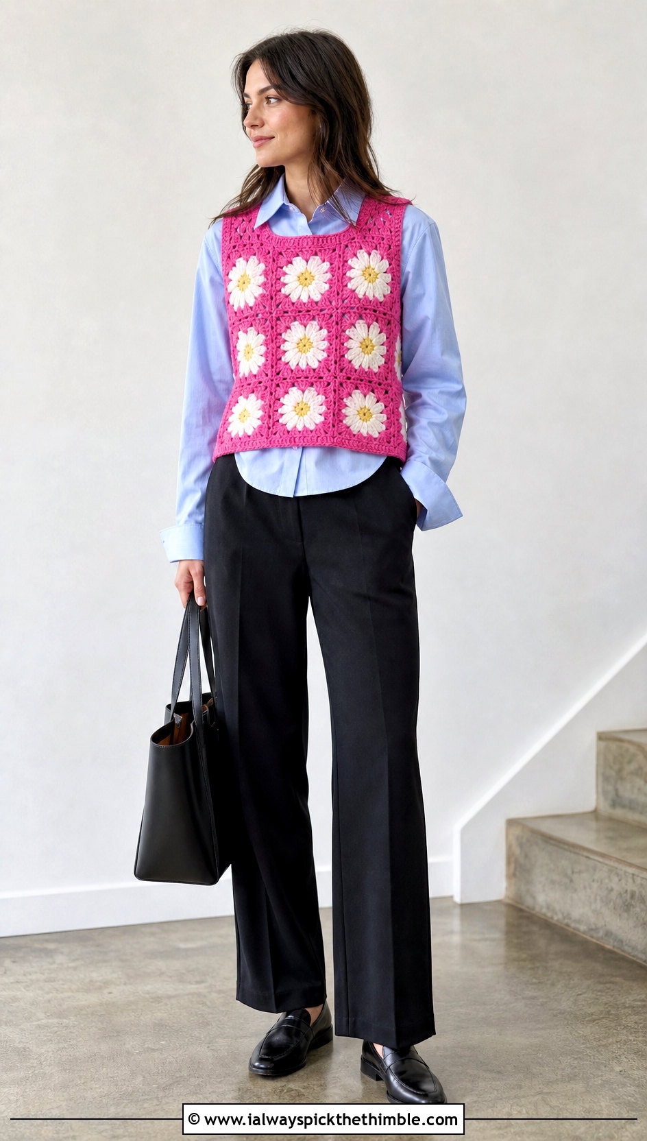 Daisy Vest Tank Top Over A Poplin Shirt - 25 crochet flower tank top outfit ideas