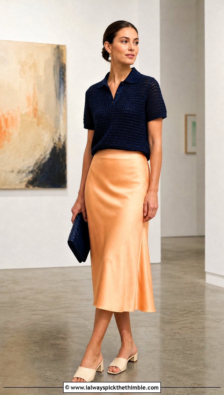 Dark Blue Crochet Polo Top With Satin Midi Skirt - 25 dark blue crochet top outfit ideas