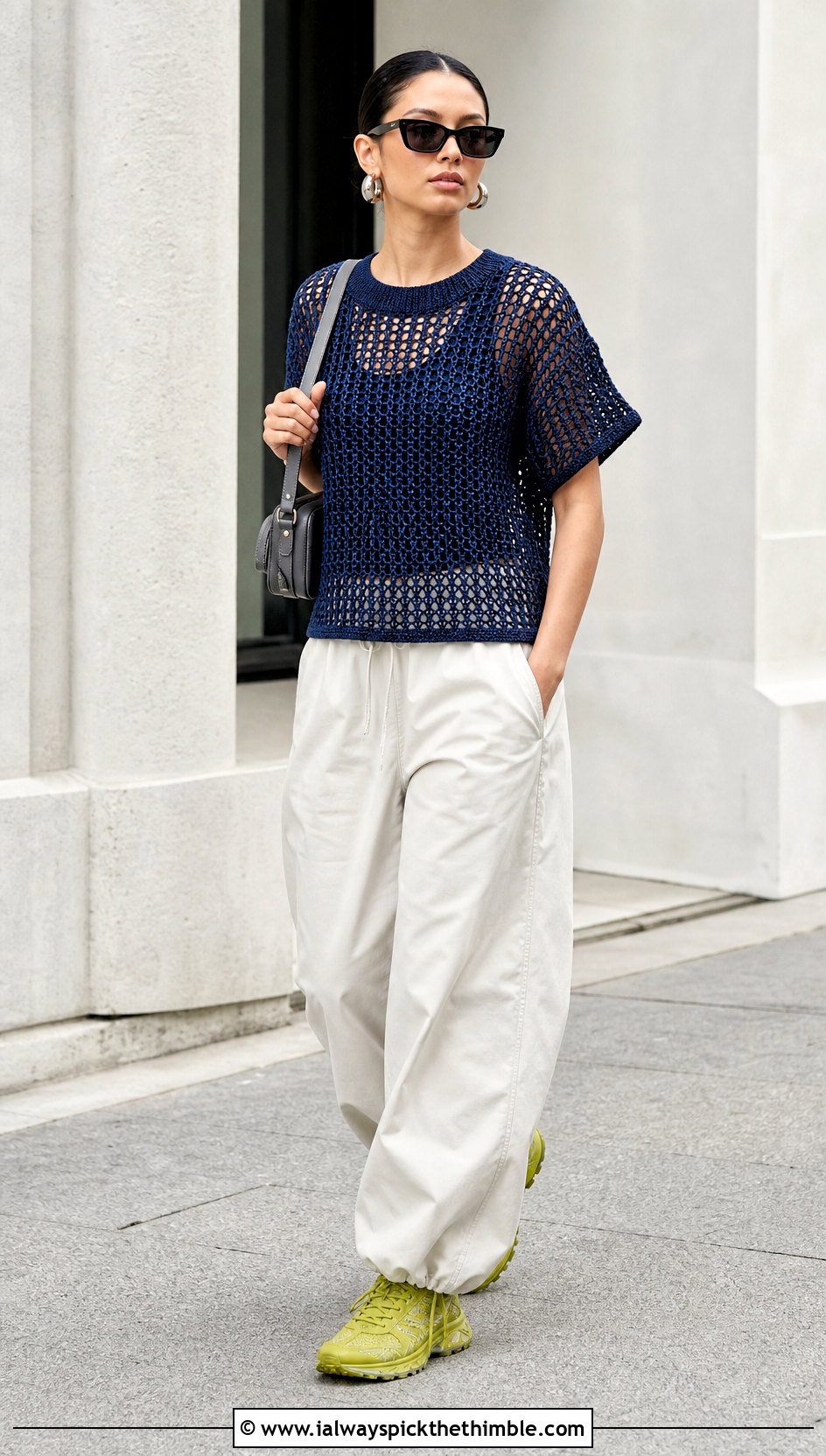 Dark Blue Crochet Shell Top With Parachute Pants - 25 dark blue crochet top outfit ideas