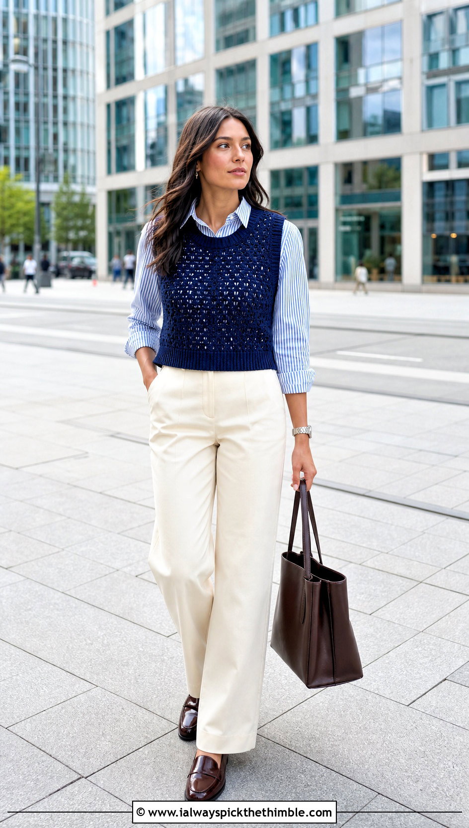 Dark Blue Crochet Vest Top With Striped Shirt - 25 dark blue crochet top outfit ideas