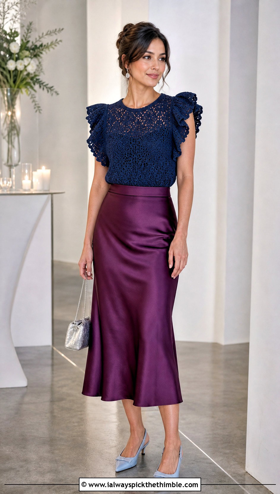 Dark Blue Ruffle Sleeve Crochet Top With Slip Skirt - 25 dark blue crochet top outfit ideas
