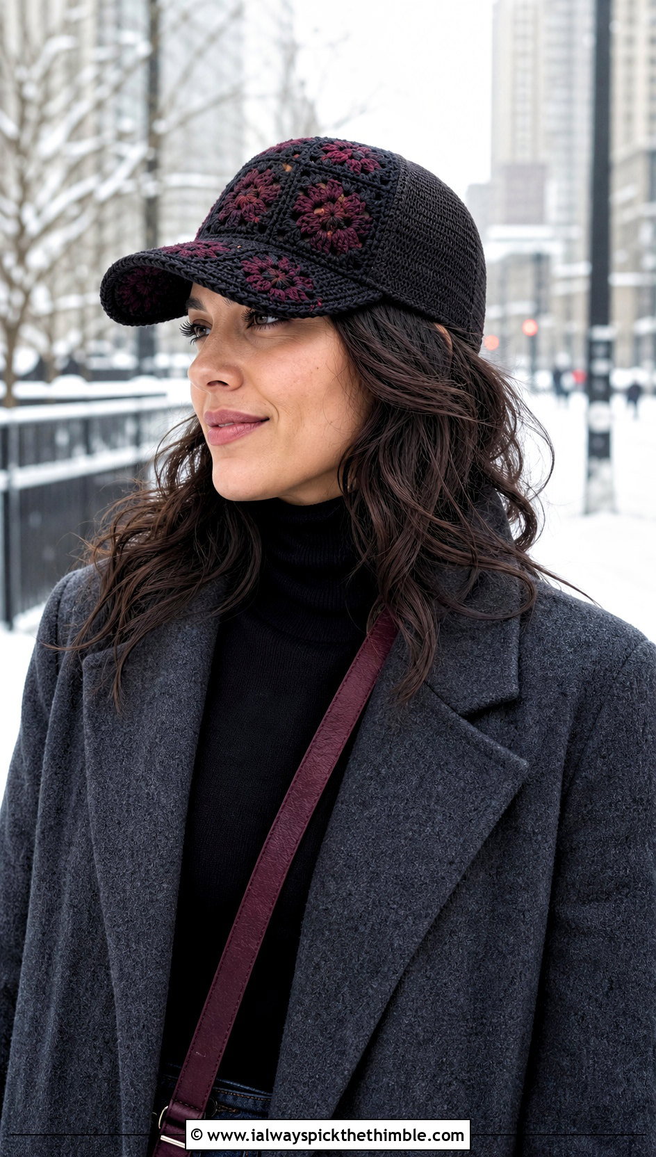 Dark Floral Granny Square Trucker Hat With Wool Coat And Turtleneck - 25 granny square trucker hat outfit ideas
