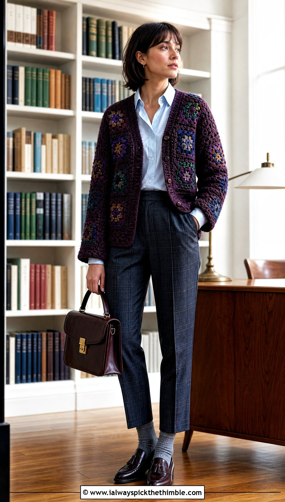 Dark Granny Square Cardigan With Plaid Trousers - 15 originally lovely granny square cardigan outfit ideas