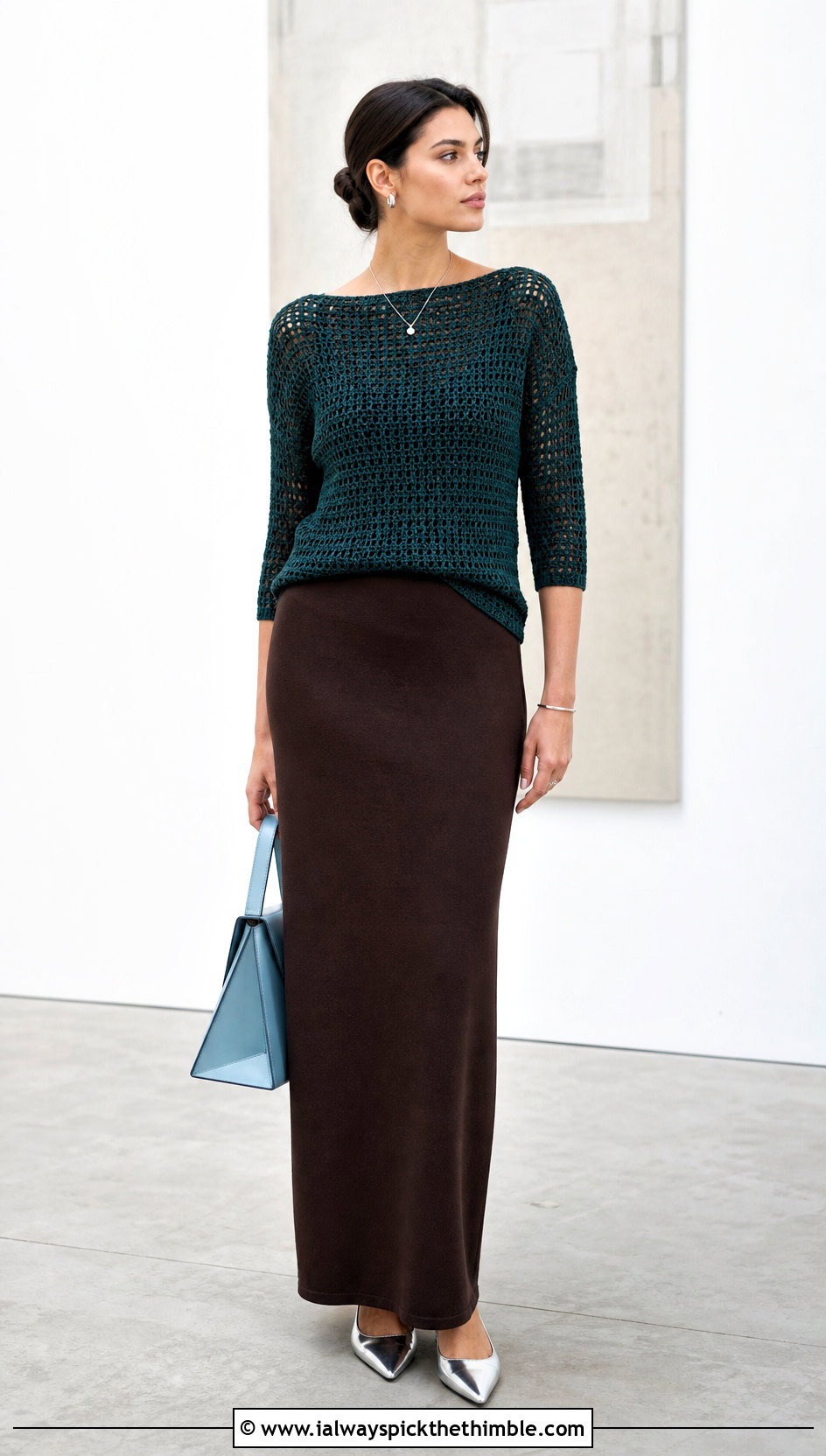 Dark Green Boat Neck Crochet Top With Column Skirt - 20 dark green crochet top outfit ideas