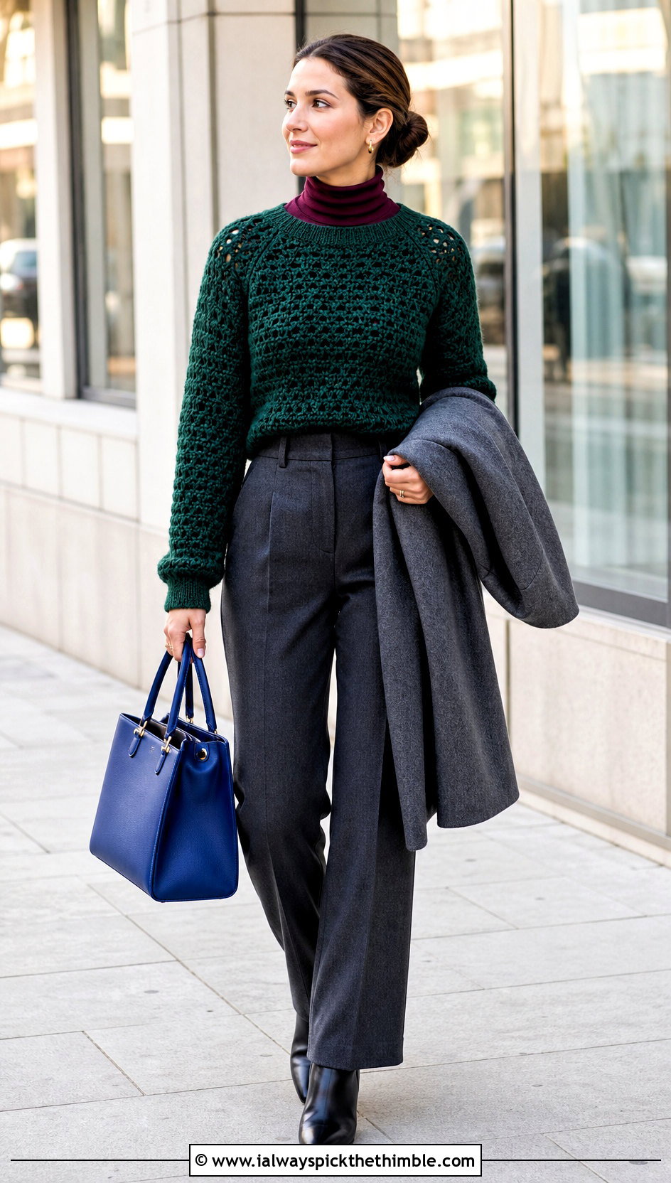 Dark Green Crochet Sweater Top With Wool Trousers - 20 dark green crochet top outfit ideas