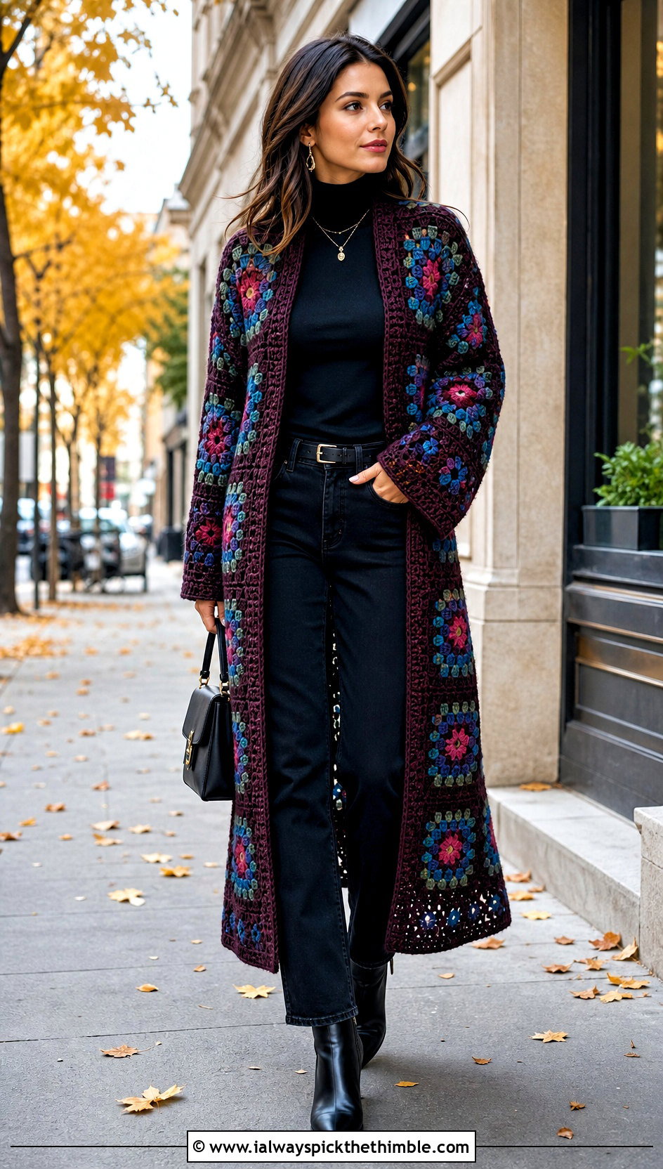 Dark Ground Granny Square Crochet Duster With Black Layers - 15 Granny Square Crochet Duster outfit ideas