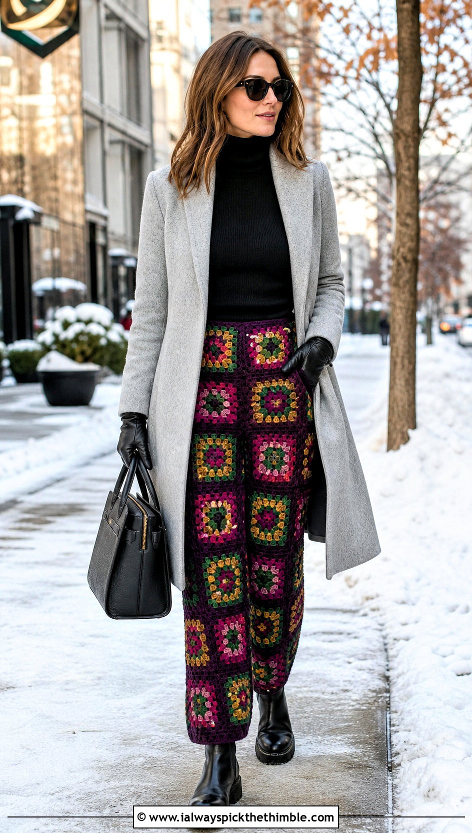 Dark Ground Granny Square Trousers With Wool Coat - 25 granny square trousers outfit ideas
