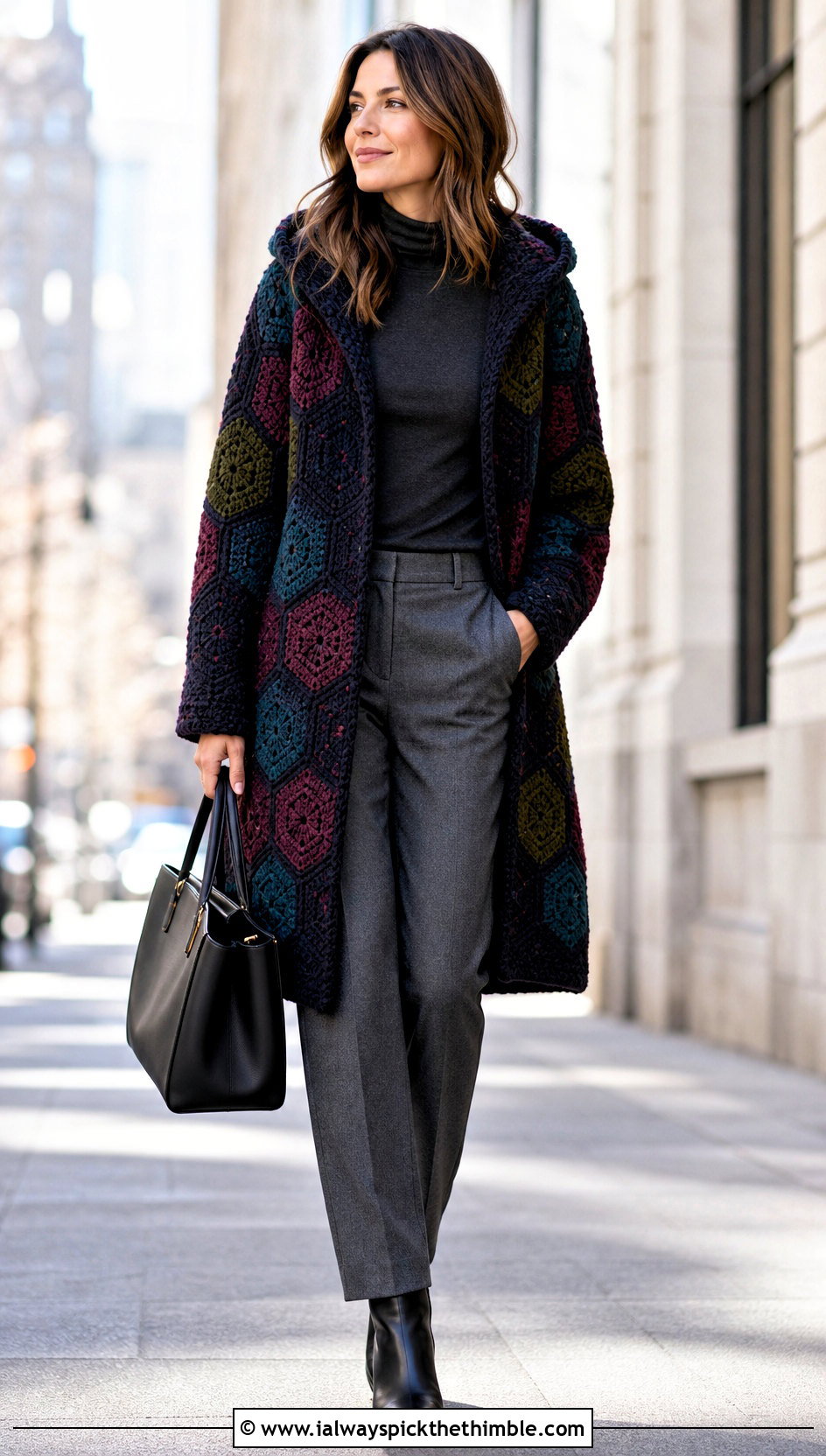 Dark Multicolor Hooded Hexagon Cardigan With Wool Trousers - 20 Crochet Hexagon Cardigan With Hood outfit ideas
