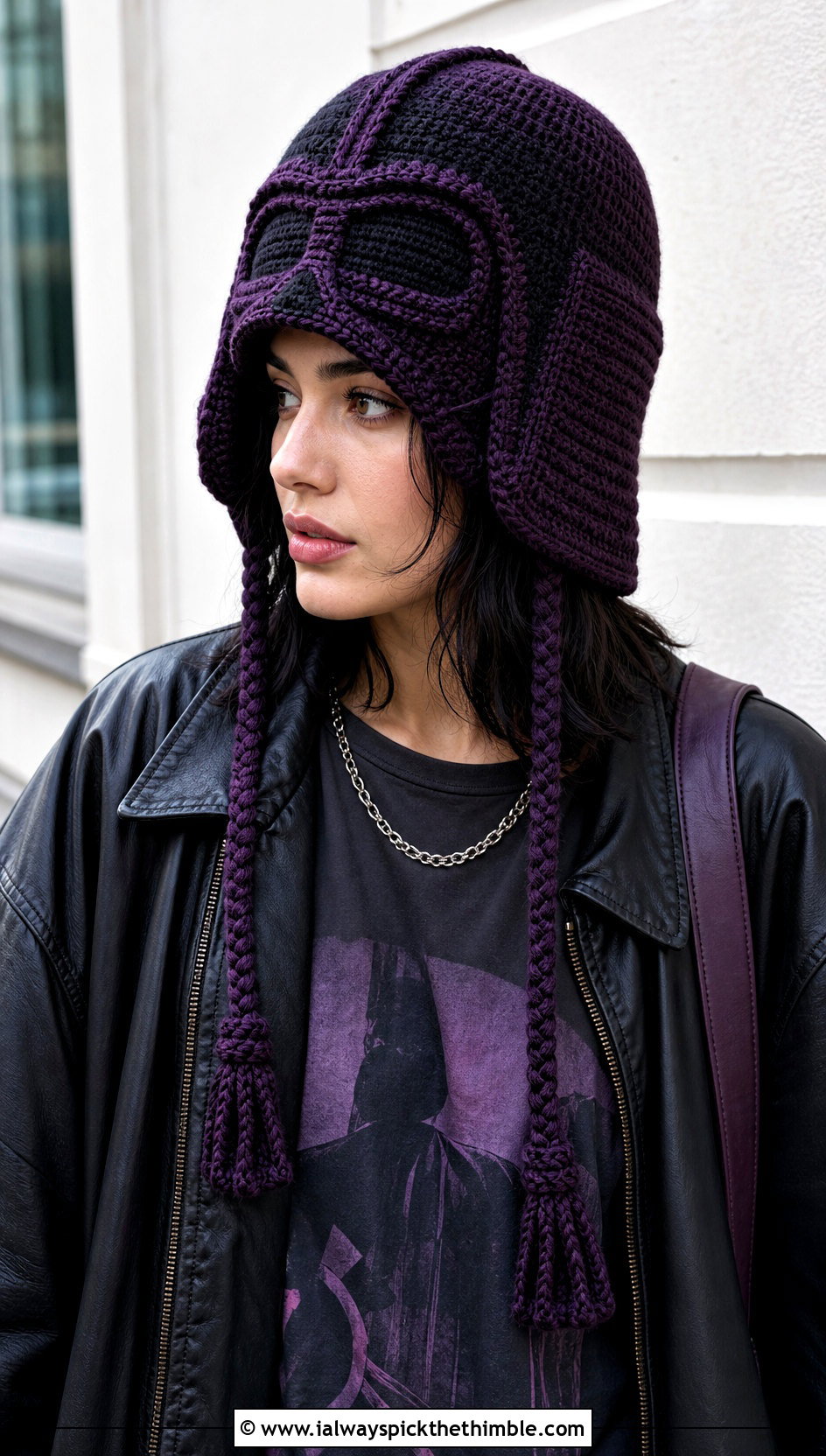 Darth Vader Earflap Crochet Hat With Leather Jacket - 15 Star Wars Crochet Hat outfit ideas