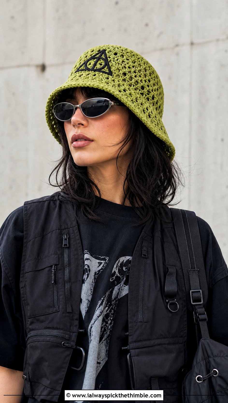 Deathly Hallows Crochet Bucket Hat With Cargo Pants - 15 harry potter crochet hat outfit ideas