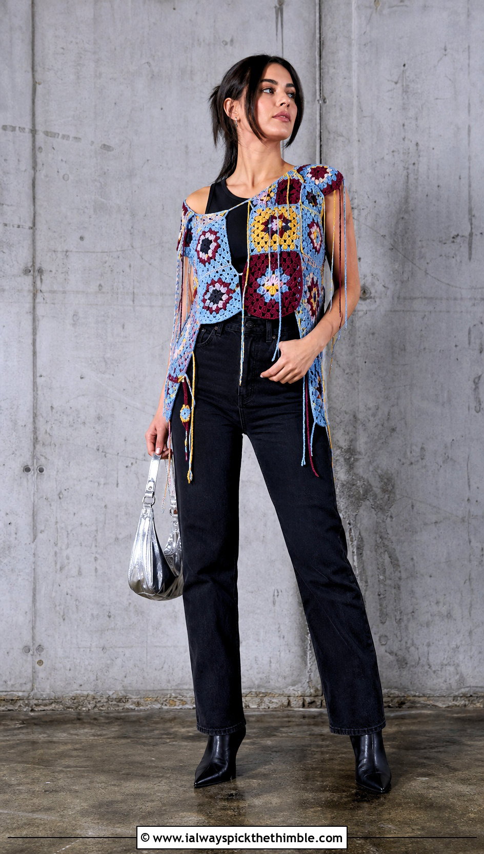Deconstructed Granny Square Crochet Top With Black Denim - 25 Distressed Crochet Top outfit ideas