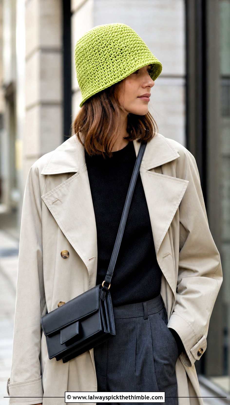 Deep Crown Crochet Bucket Hat With Trench Coat And Trousers - 20 easy crochet bucket hat outfit ideas