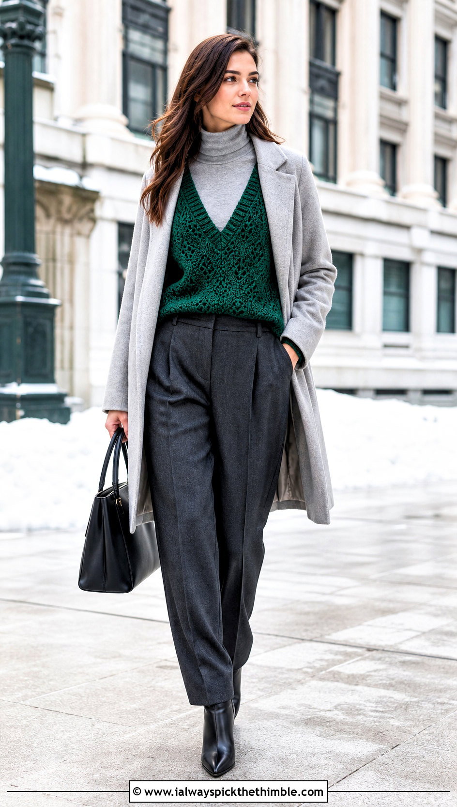 Deep V Neck Crochet Sweater With Turtleneck And Wool Trousers - 25 v neck crochet sweater outfit ideas