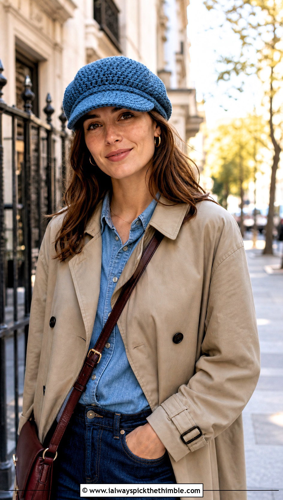 Denim Blue Crochet Newsboy Cap With Trench Coat And Dark Jeans - 25 Blue Crochet Hat outfit ideas