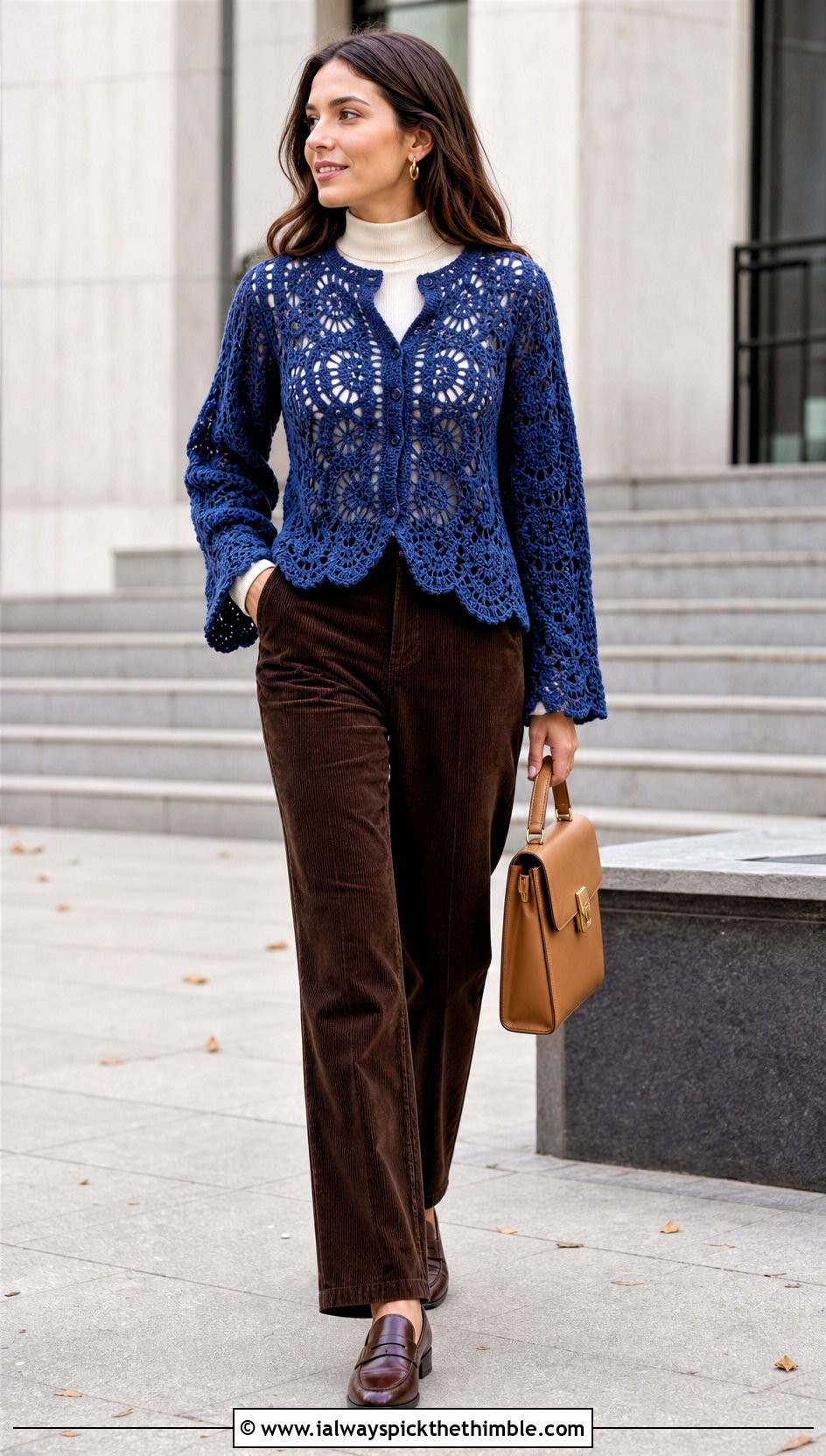 Denim Blue Scallop Hem Crochet Blouse With Corduroy Pants - 15 Blue Crochet Blouse Design outfit ideas