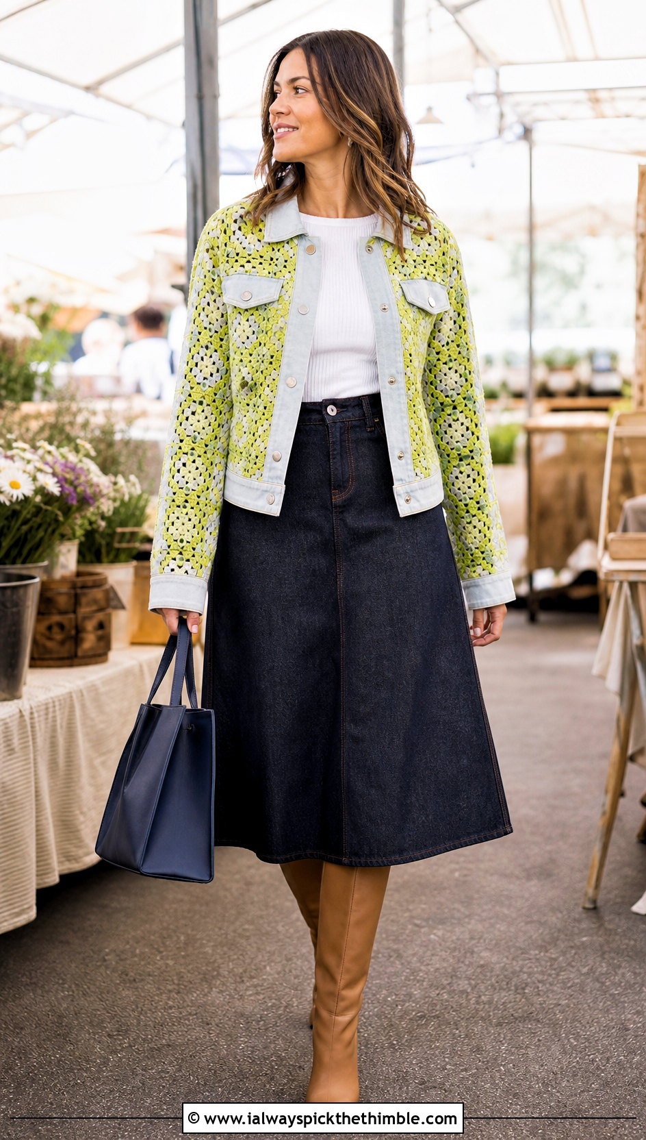 Denim Hybrid Granny Square Jacket With Midi Skirt - 20 granny square jackets outfit ideas