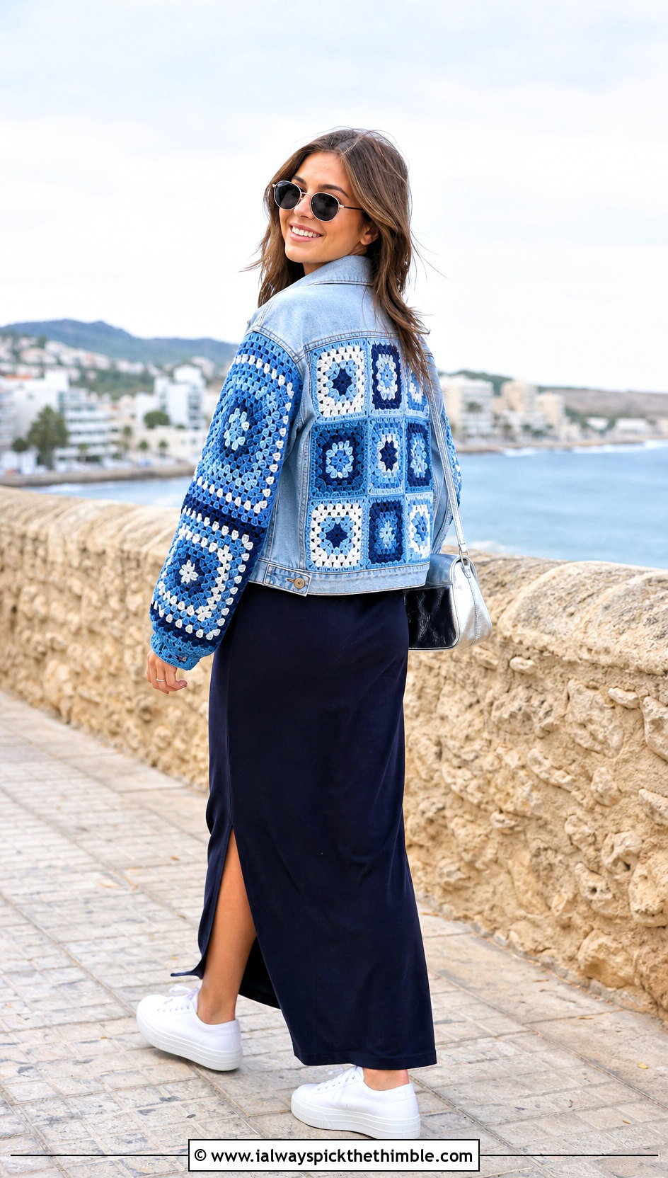 Denim Panel Granny Square Jacket With Maxi Dress - 20 crochet granny square jacket outfit ideas