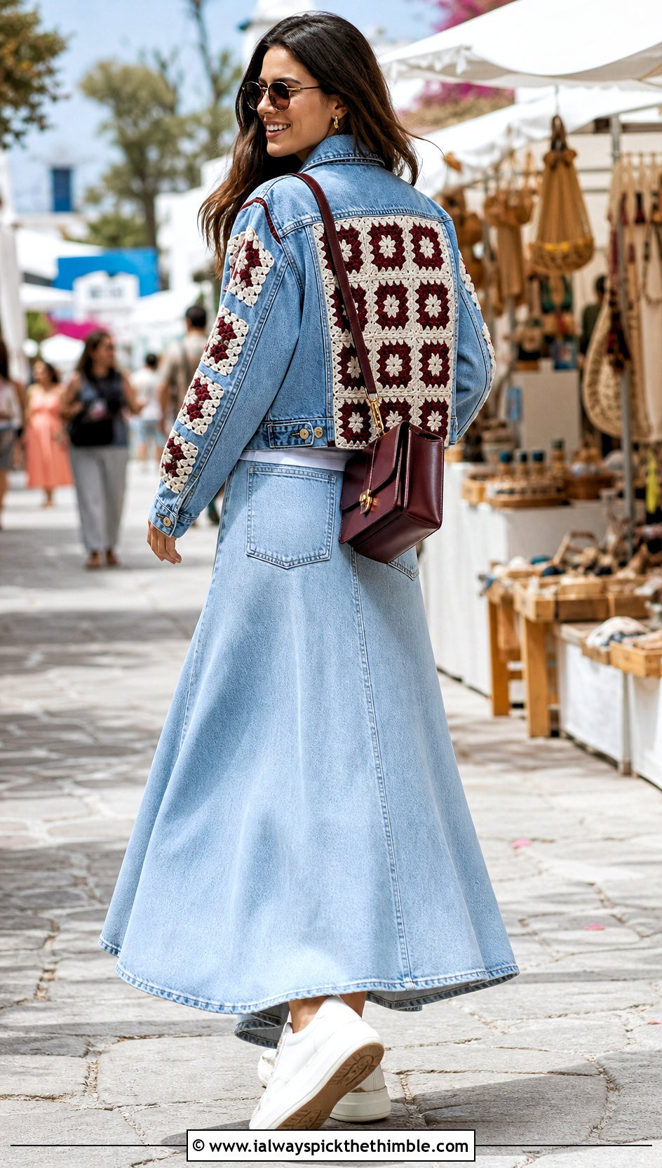 Denim Panel Granny Square Jacket With Maxi Skirt - 25 granny square jacket outfit ideas