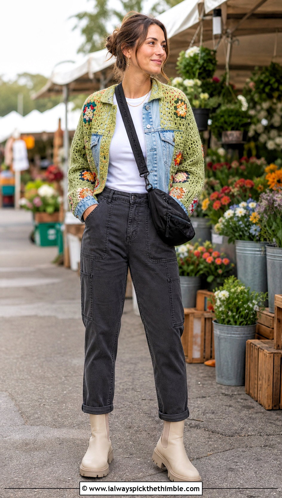 Denim Panel Square Jacket With Utility Pants - 20 crochet square jacket outfit ideas