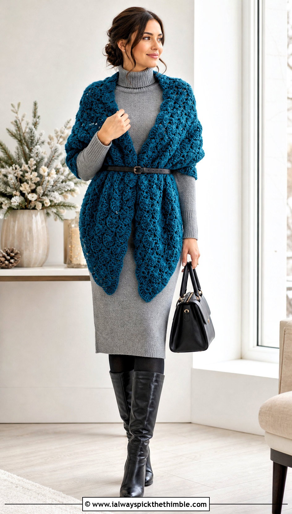 Dense Shell Shawl With Sweater Dress - 20 Crochet Shell Shawl outfit ideas