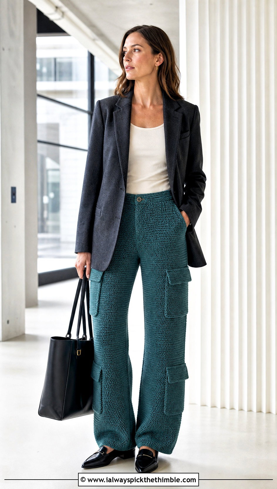 Dense Stitch Crochet Cargo Pants With Blazer - 25 crochet cargo pants outfit ideas