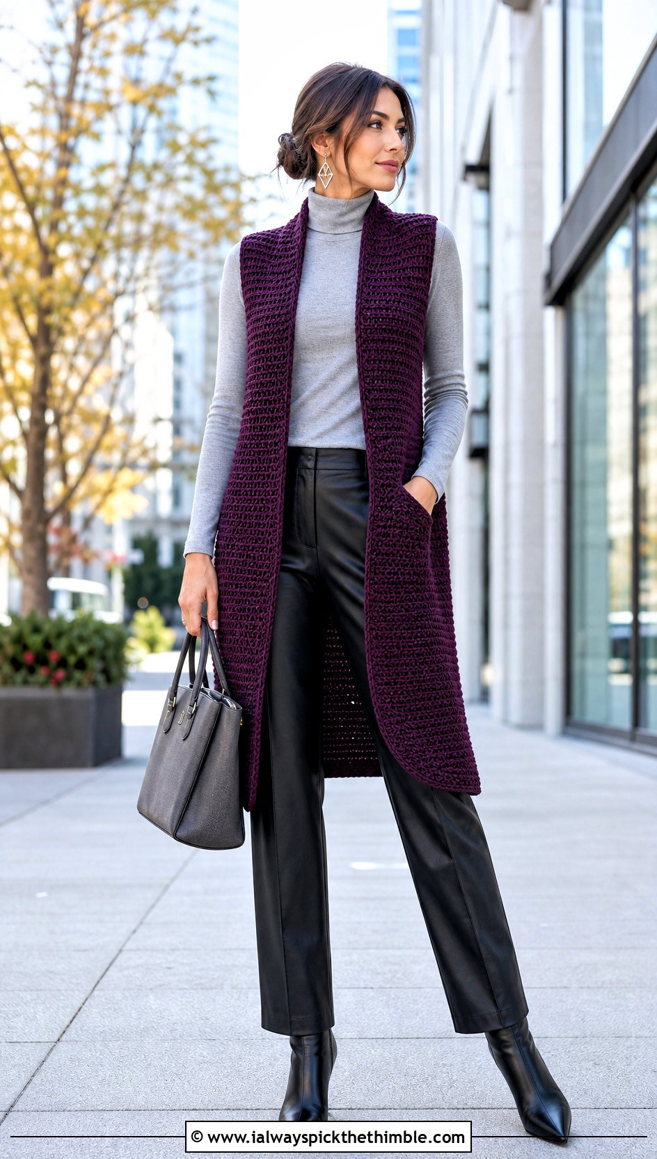 Dense Stitch Crochet Long Vest With Leather Pants - 20 Easy Crochet Long Vest outfit ideas