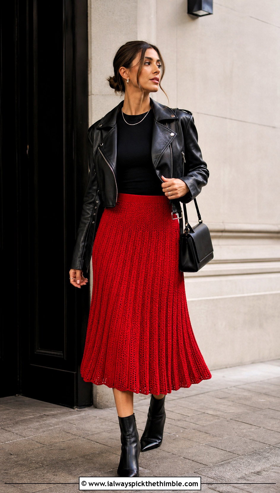 Dense Stitch Crochet Pleated Skirt With Leather Jacket - 25 crochet pleated skirt outfit ideas