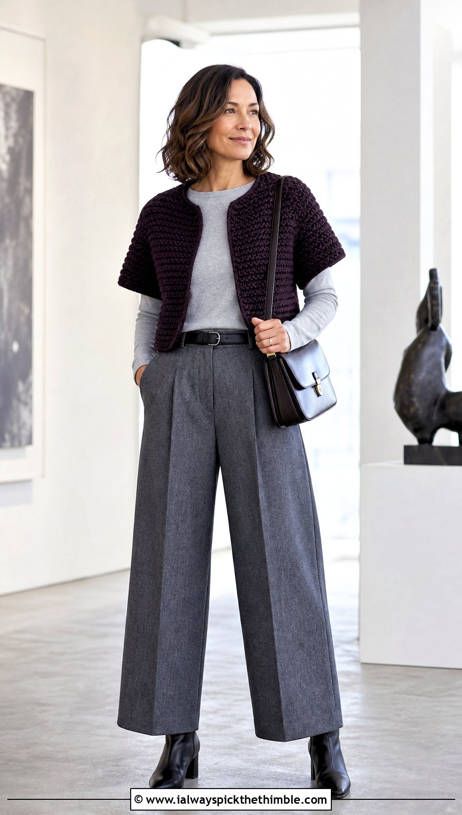 Dense Stitch Crochet Short Sleeve Shrug With Wool Trousers - 20 crochet short sleeve shrug outfit ideas