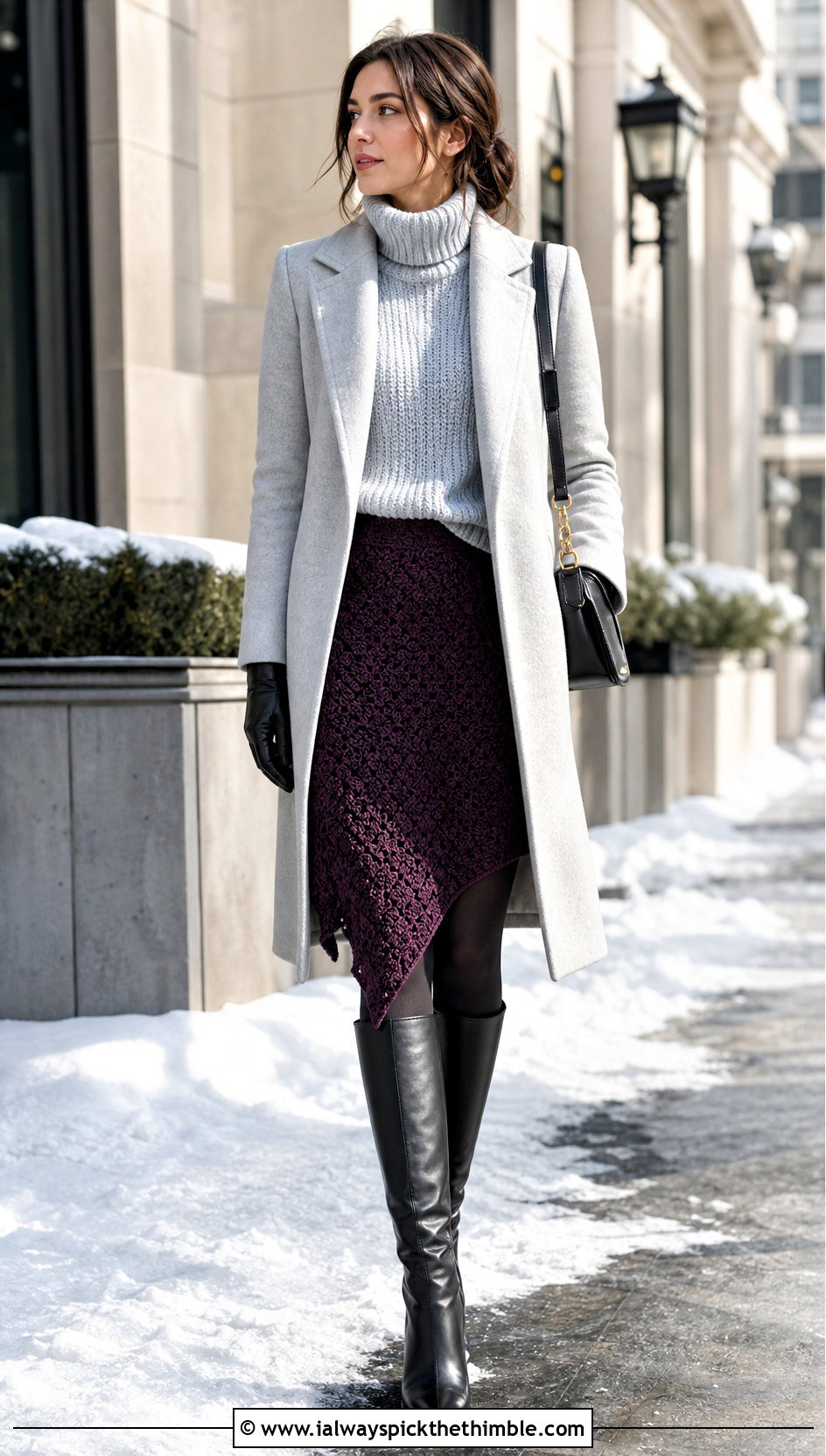 Dense Stitch Crochet Skirt With Sweater And Tall Boots - 20 Crochet Asymmetrical Skirt outfit ideas