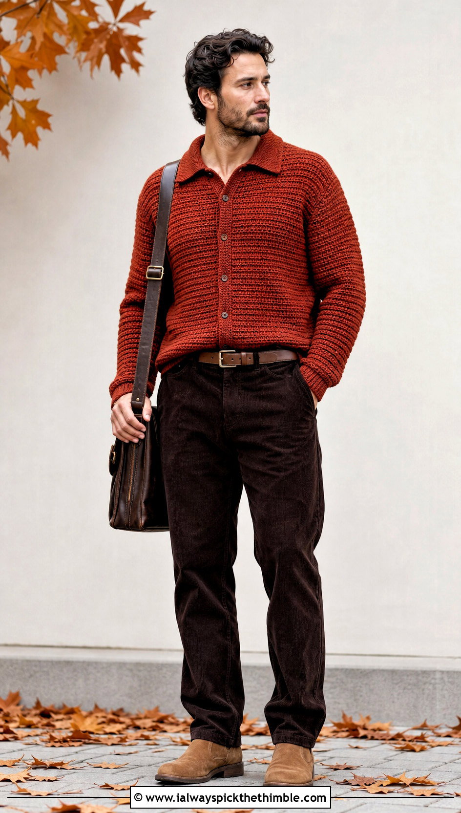 Dense Stitch Crochet Sweater Shirt With Corduroy Trousers - 25 crochet man shirt outfit ideas