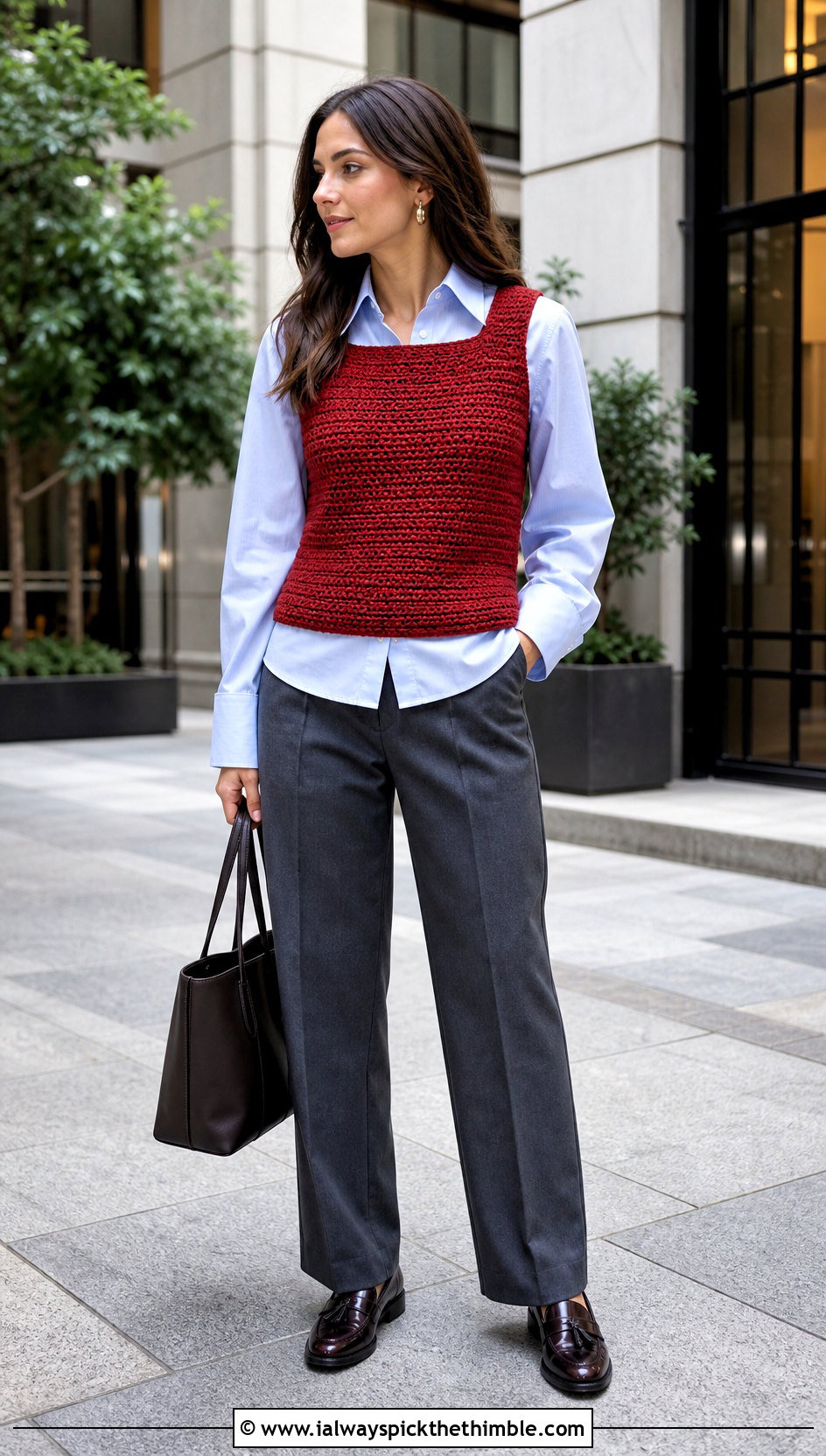 Dense Stitch Crochet Tank Top Over A Button Down Shirt - 20 crocheted tank tops outfit ideas