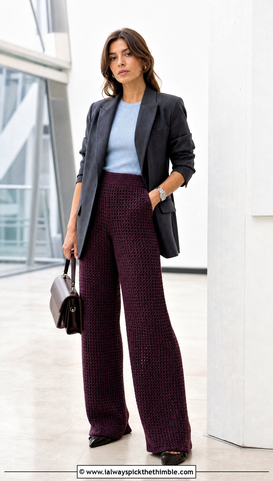 Dense Stitch Crochet Trousers With Blazer - 20 colorful crochet pants outfit ideas