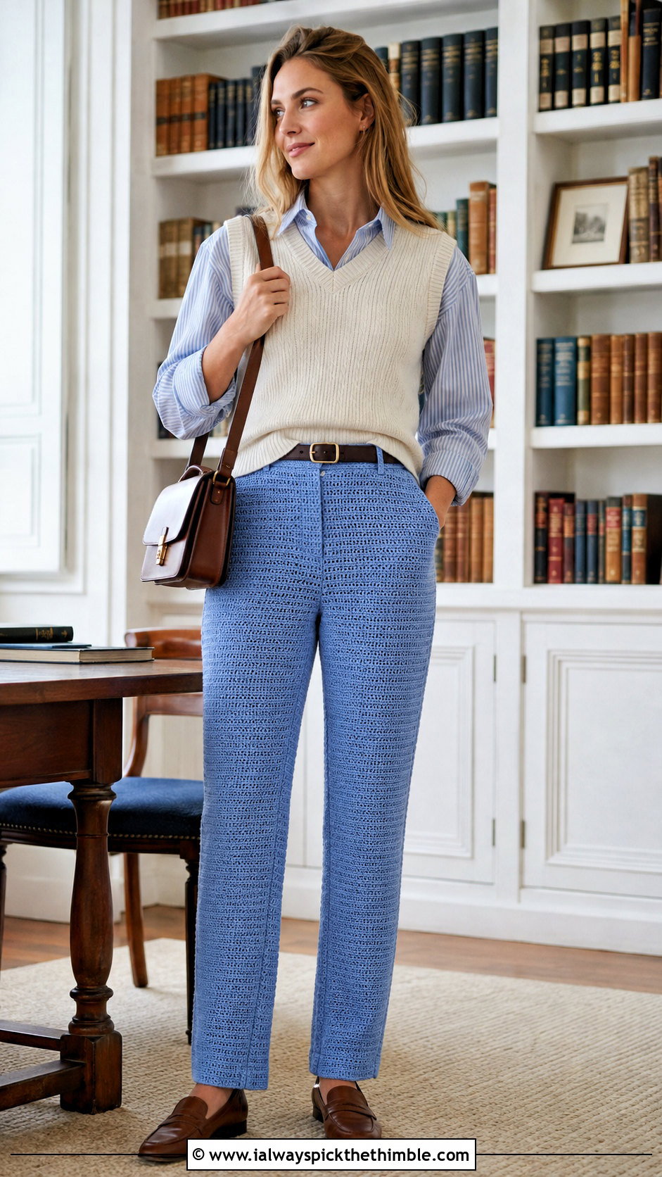 Dense Stitch Crochet Trousers With Oxford Shirt - 20 Crochet Long Pants outfit ideas