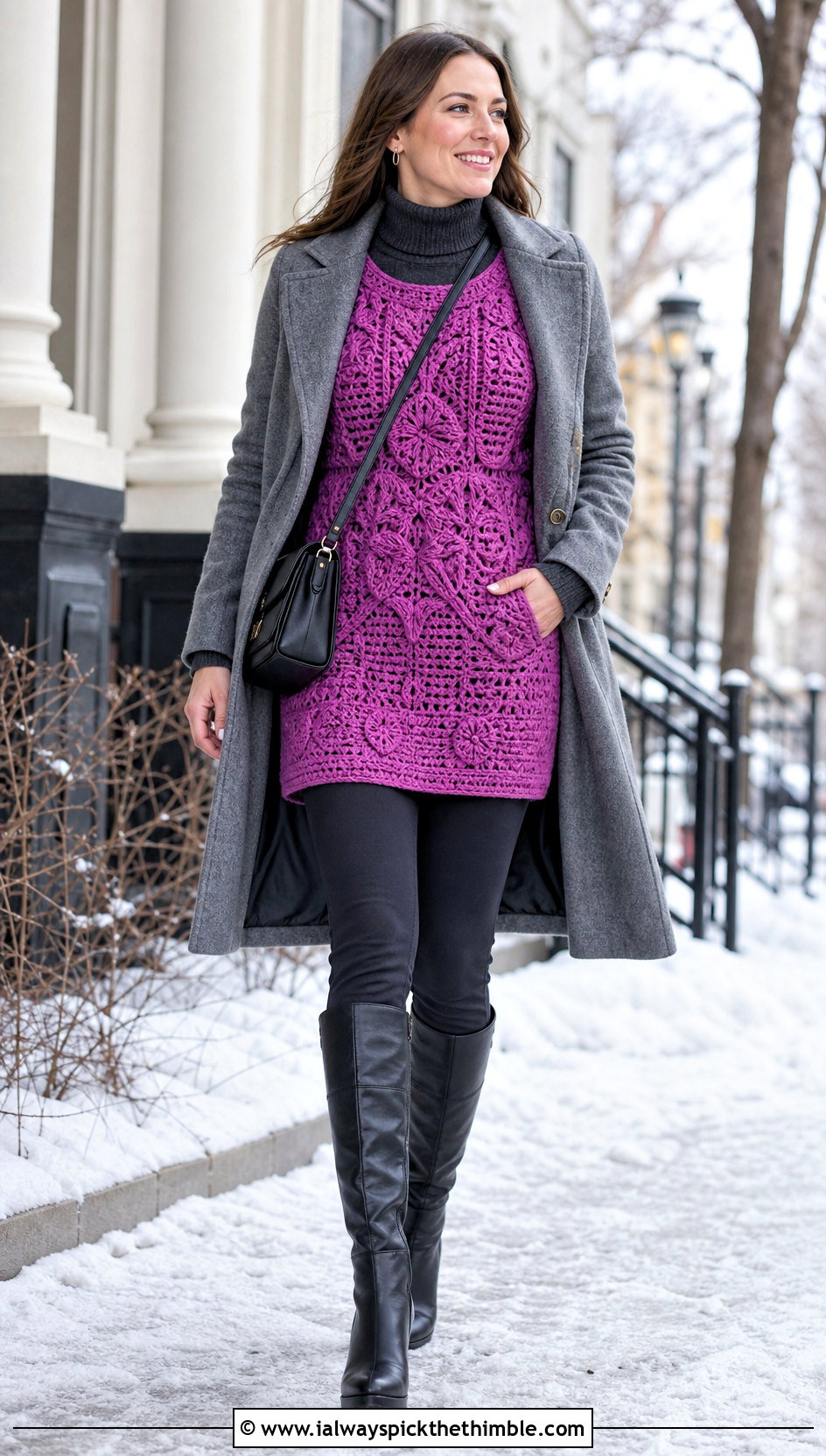 Dense Stitch Crochet Tunic With Turtleneck And Leggings - 25 crochet tunic outfit ideas