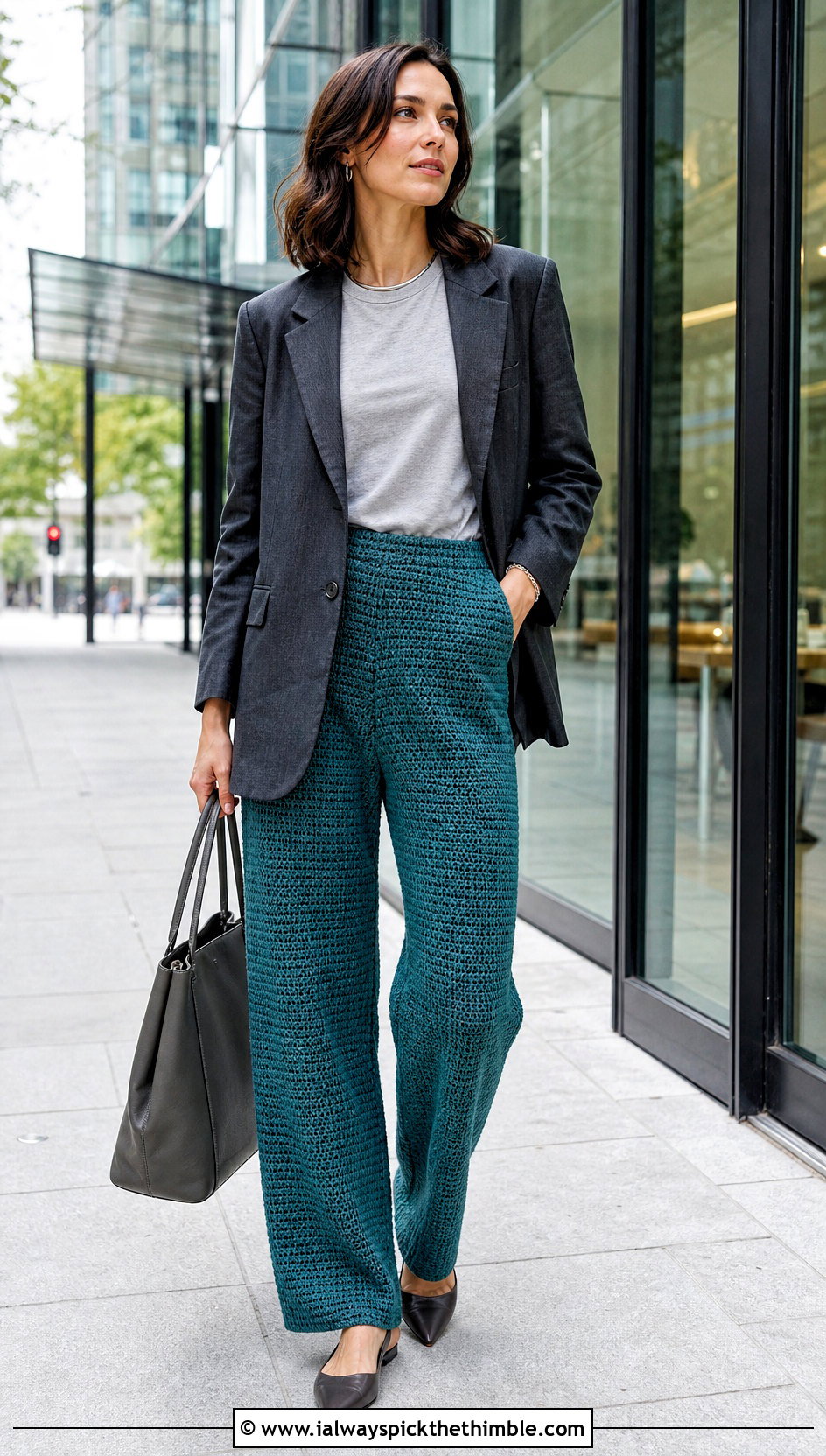 Dense Stitch Straight Leg Crochet Trousers With Blazer - 25 crochet trousers outfit ideas