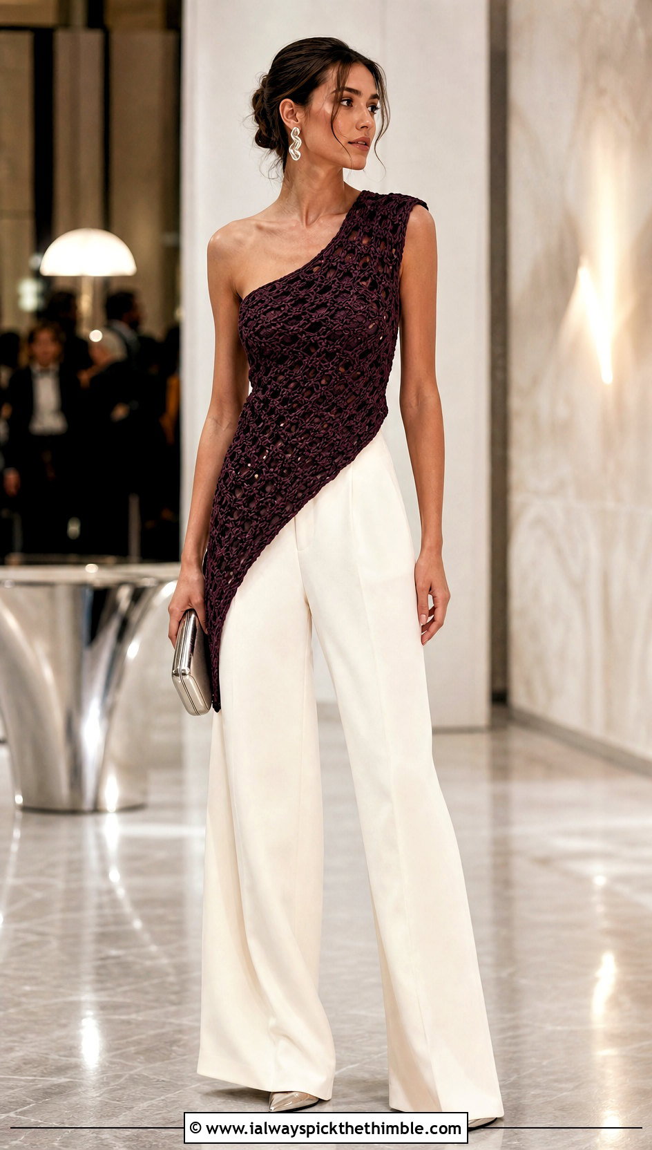 Designer Asymmetric Crochet Top With Wide Leg Suit Pants - 20 designer crochet top outfit ideas