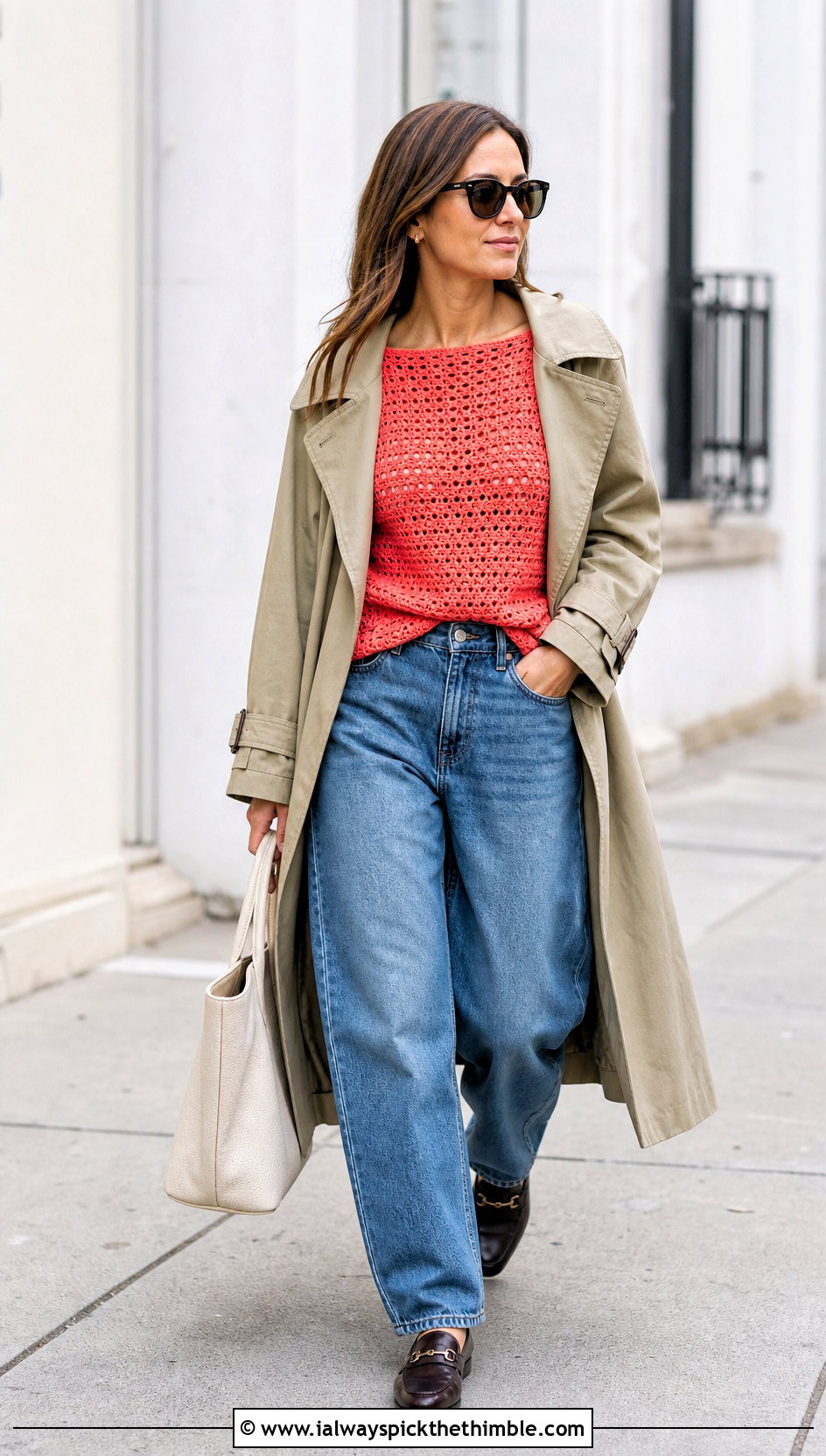 Designer Boat Neck Crochet Top With Barrel Jeans And Trench Coat - 20 designer crochet top outfit ideas