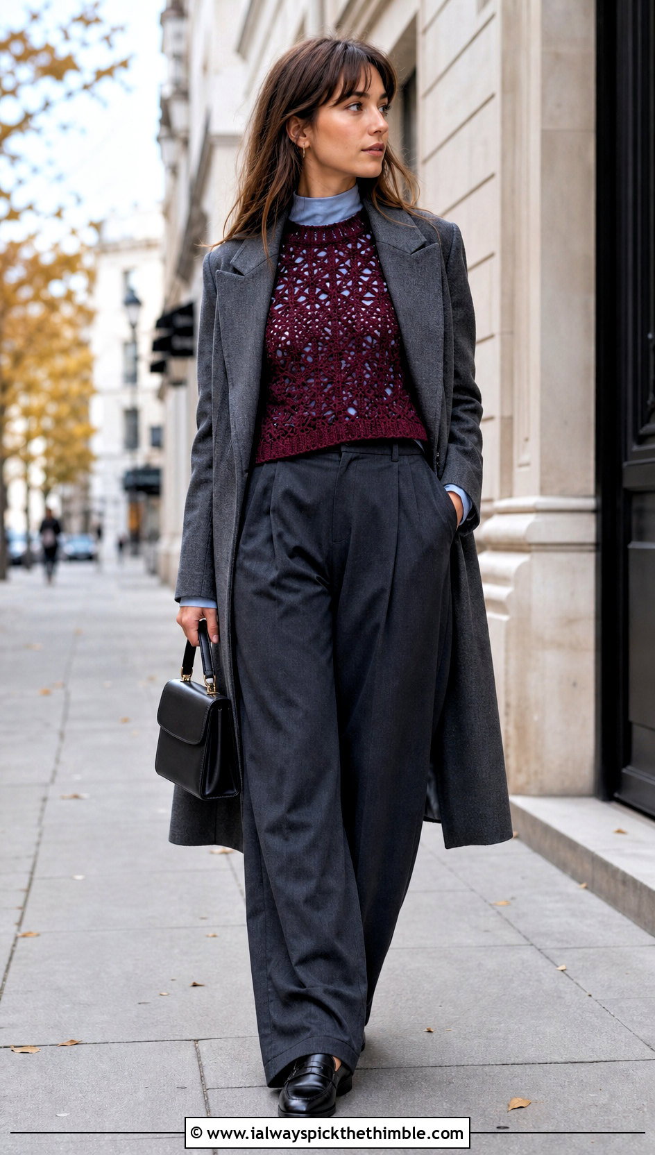 Designer Long Sleeve Mesh Crochet Top With Wool Trousers - 20 designer crochet top outfit ideas