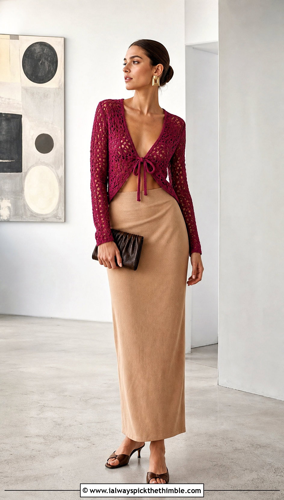 Designer Tie Front Crochet Top With Column Skirt - 20 designer crochet top outfit ideas