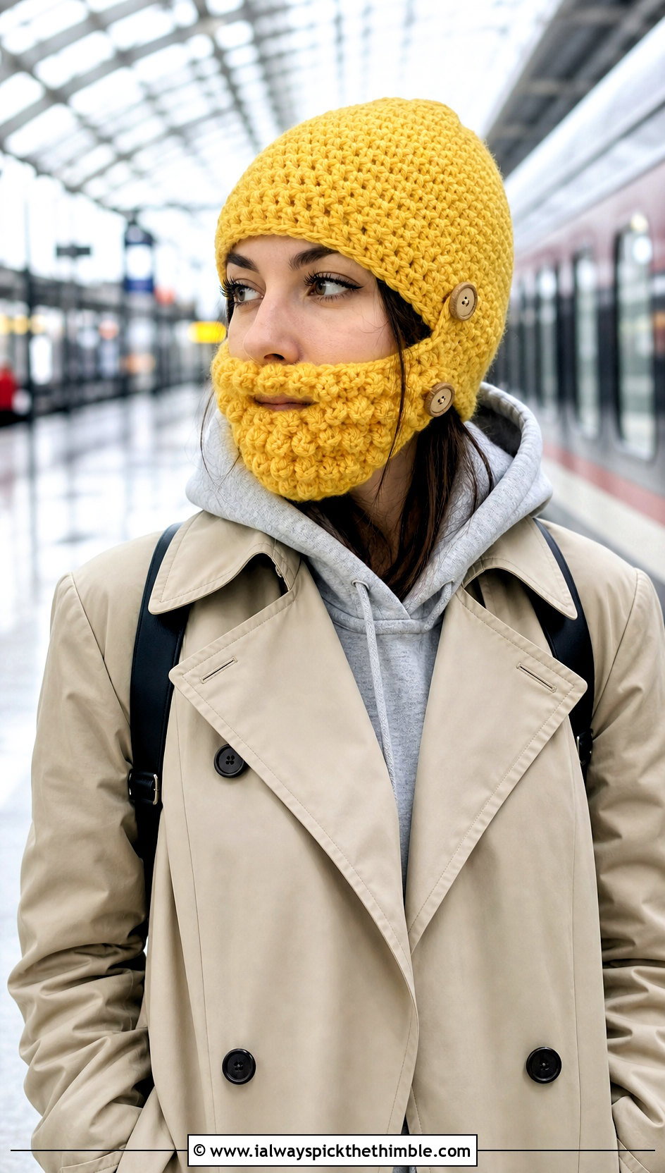 Detachable Beard Crochet Hat With Trench Coat - 20 Beard Crochet Hat outfit ideas