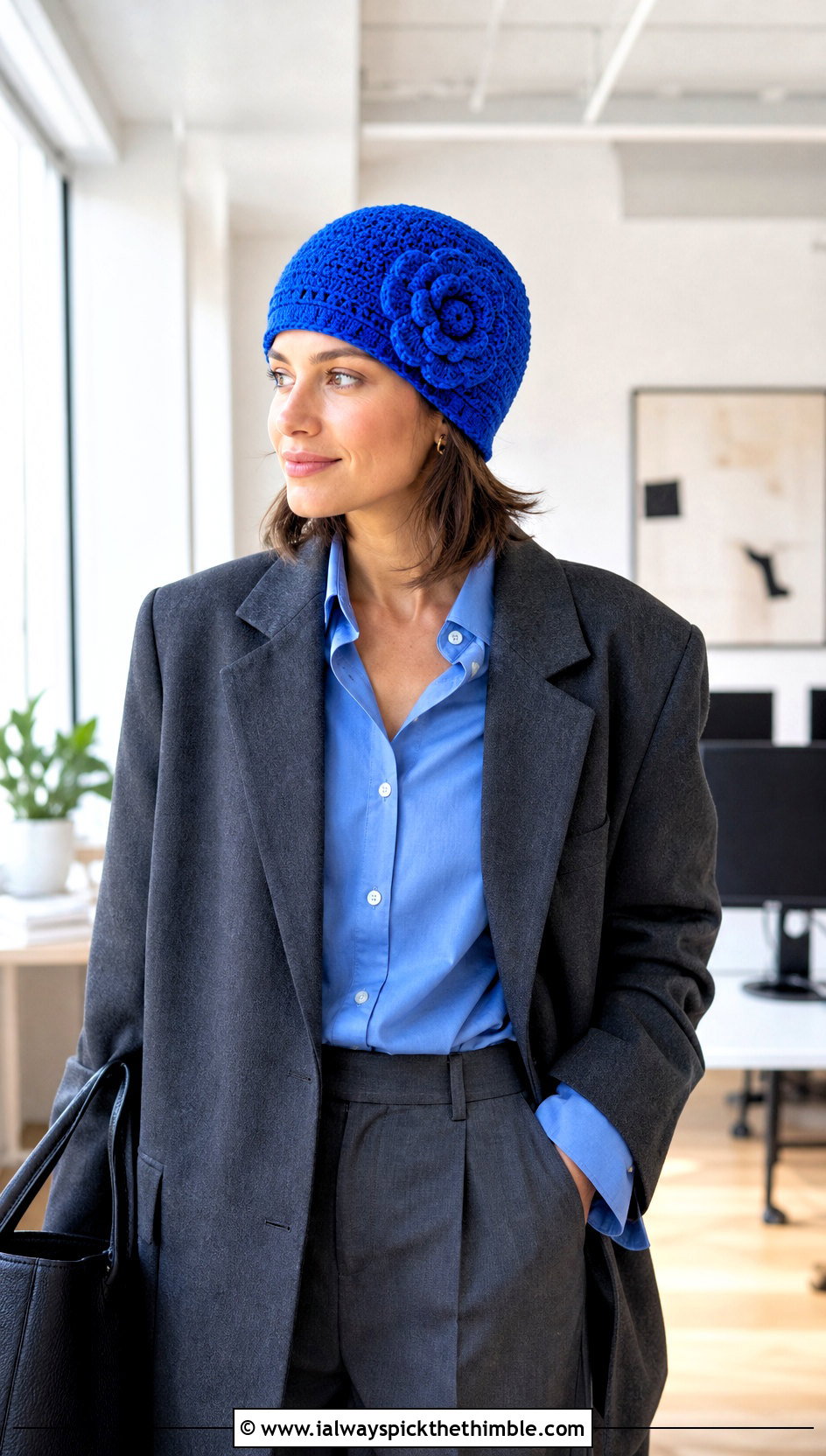 Detachable Flower Crochet Beanie With Blazer - 20 crochet flower beanie outfit ideas