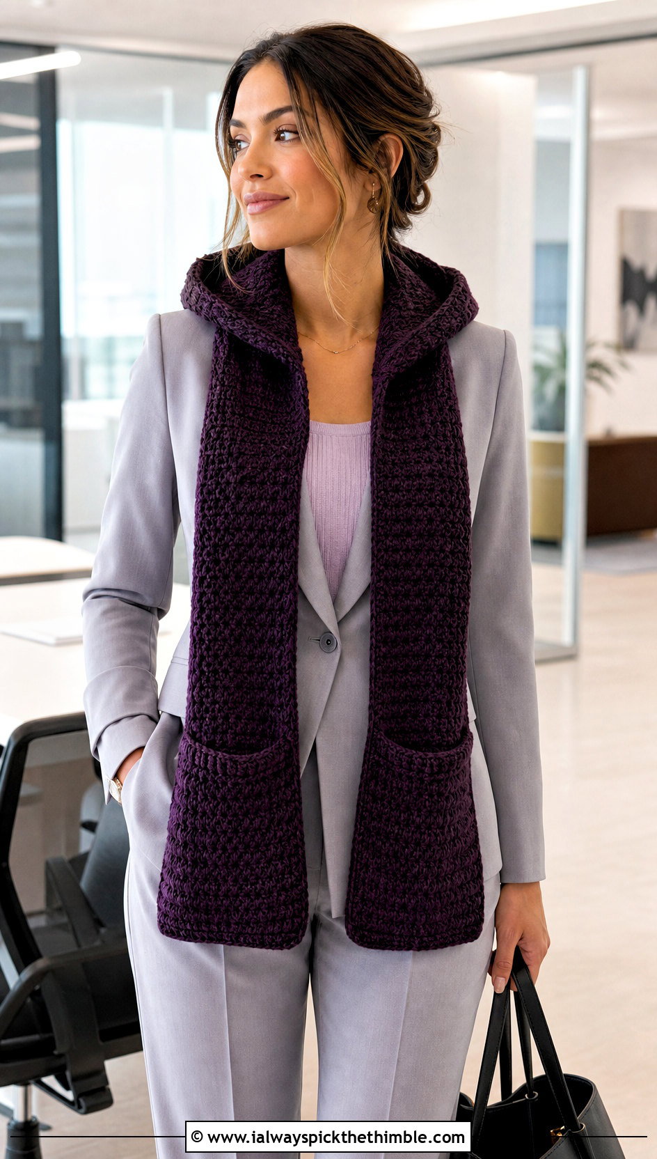 Detachable Hood Crochet Pocket Scarf With Tailored Suit - 20 crochet hooded pocket scarf outfit ideas