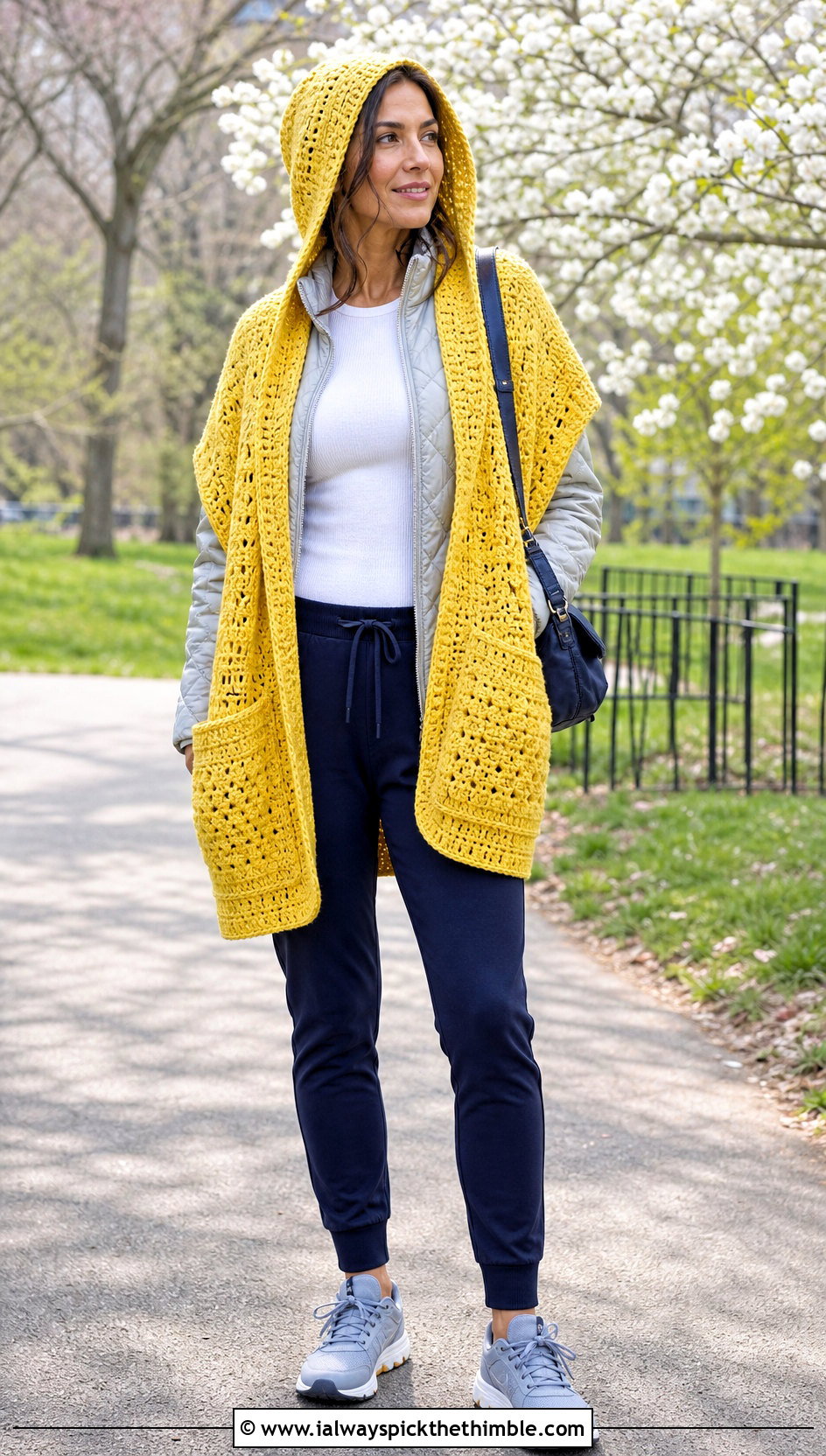 Detachable Hood Crochet Pocket Shawl With Quilted Jacket - 25 crochet pocket shawl outfit ideas