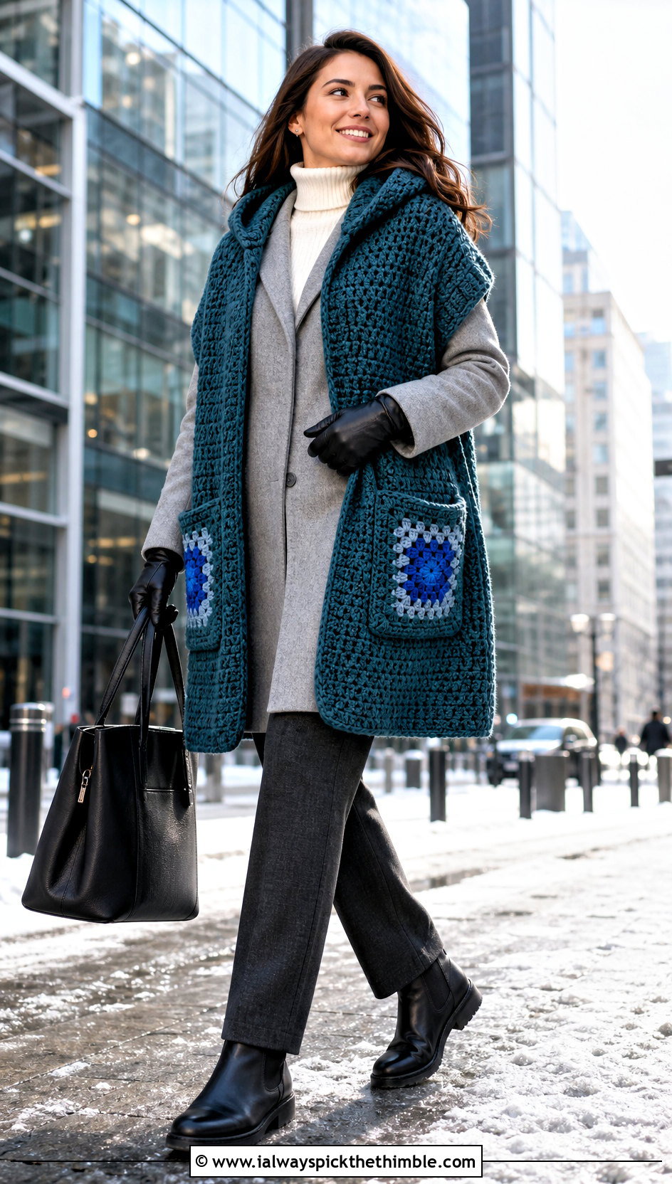 Detachable Hood Granny Square Pocket Shawl With Wool Coat - 20 Granny Square Pocket Shawl outfit ideas