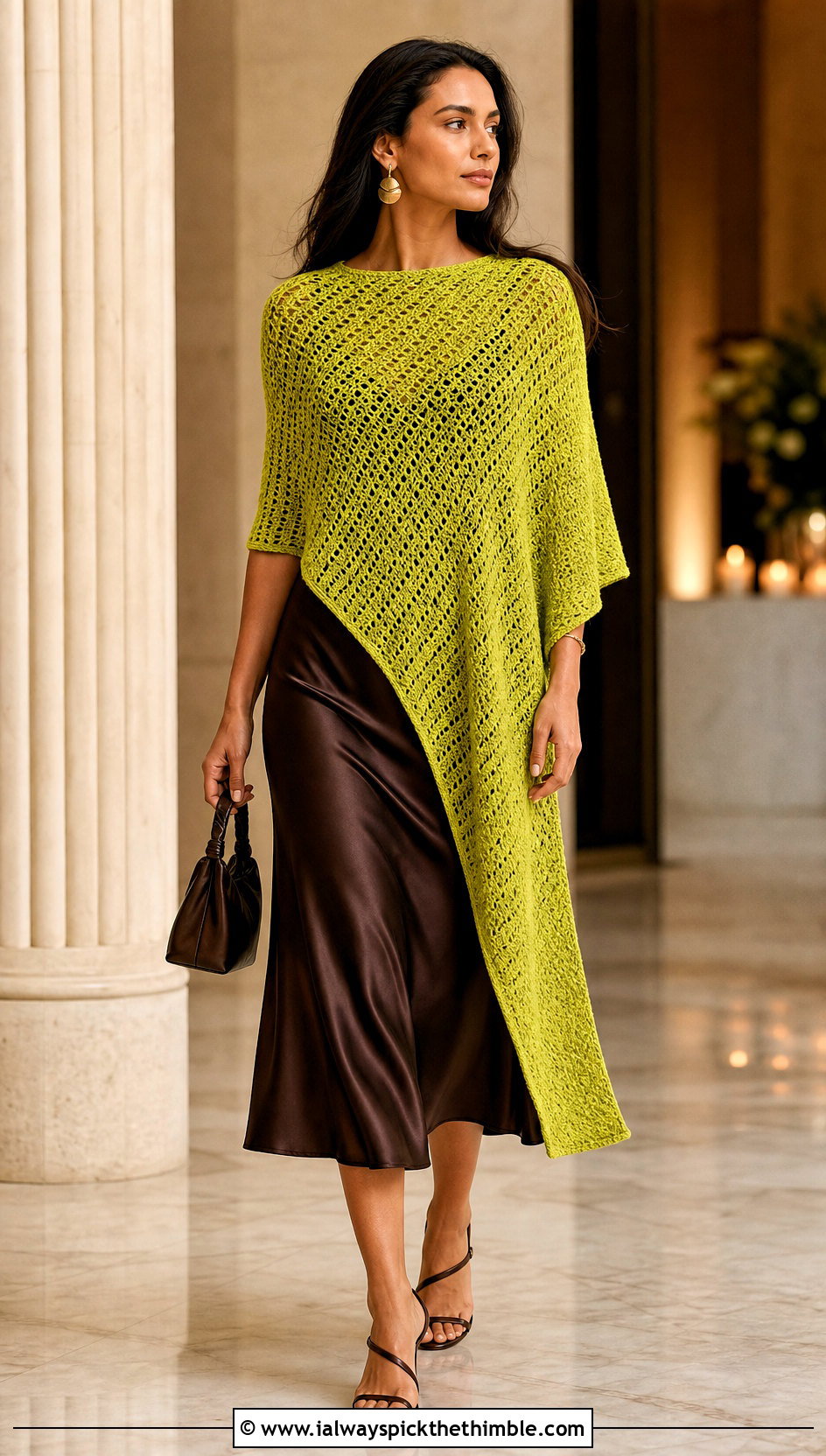 Diagonal Crochet Poncho With Satin Slip Dress - 20 Beginner Crochet Poncho outfit ideas