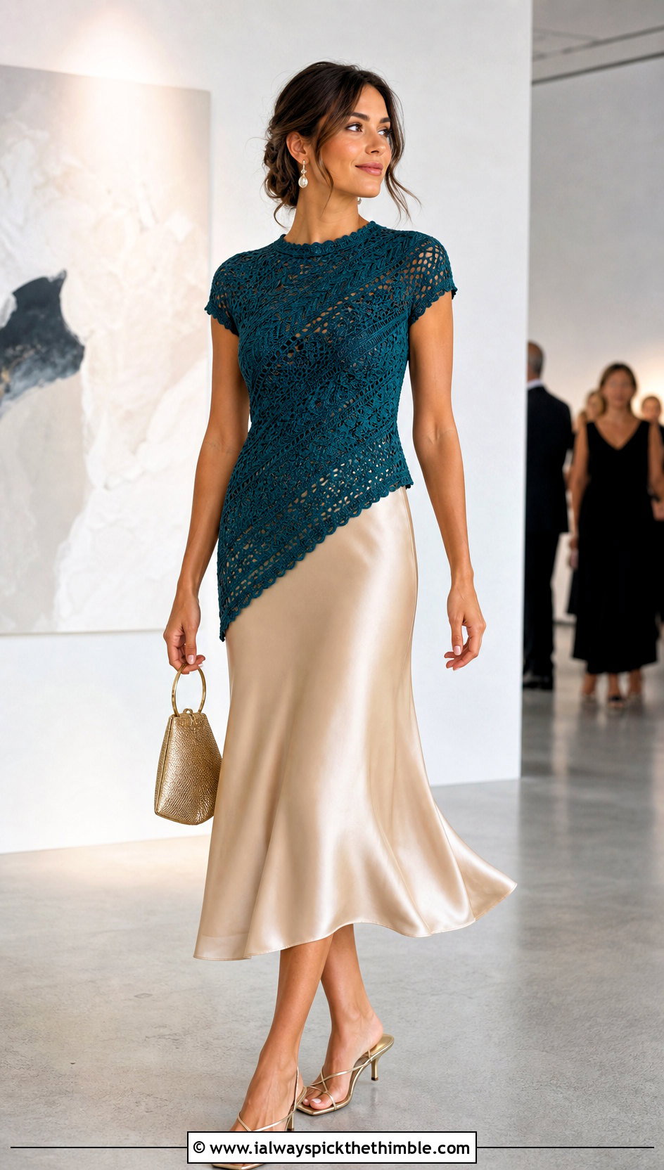 Diagonal Hem Crochet Top With Satin Midi Skirt - 20 crochet assymetrical top outfit ideas